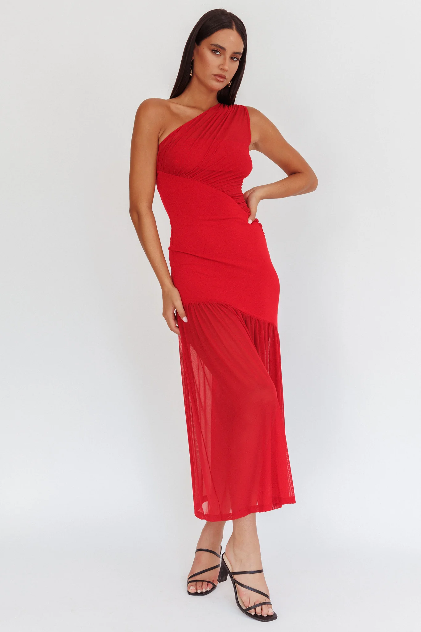 Passion One-Shoulder Mesh Maxi Dress Red - Image 6