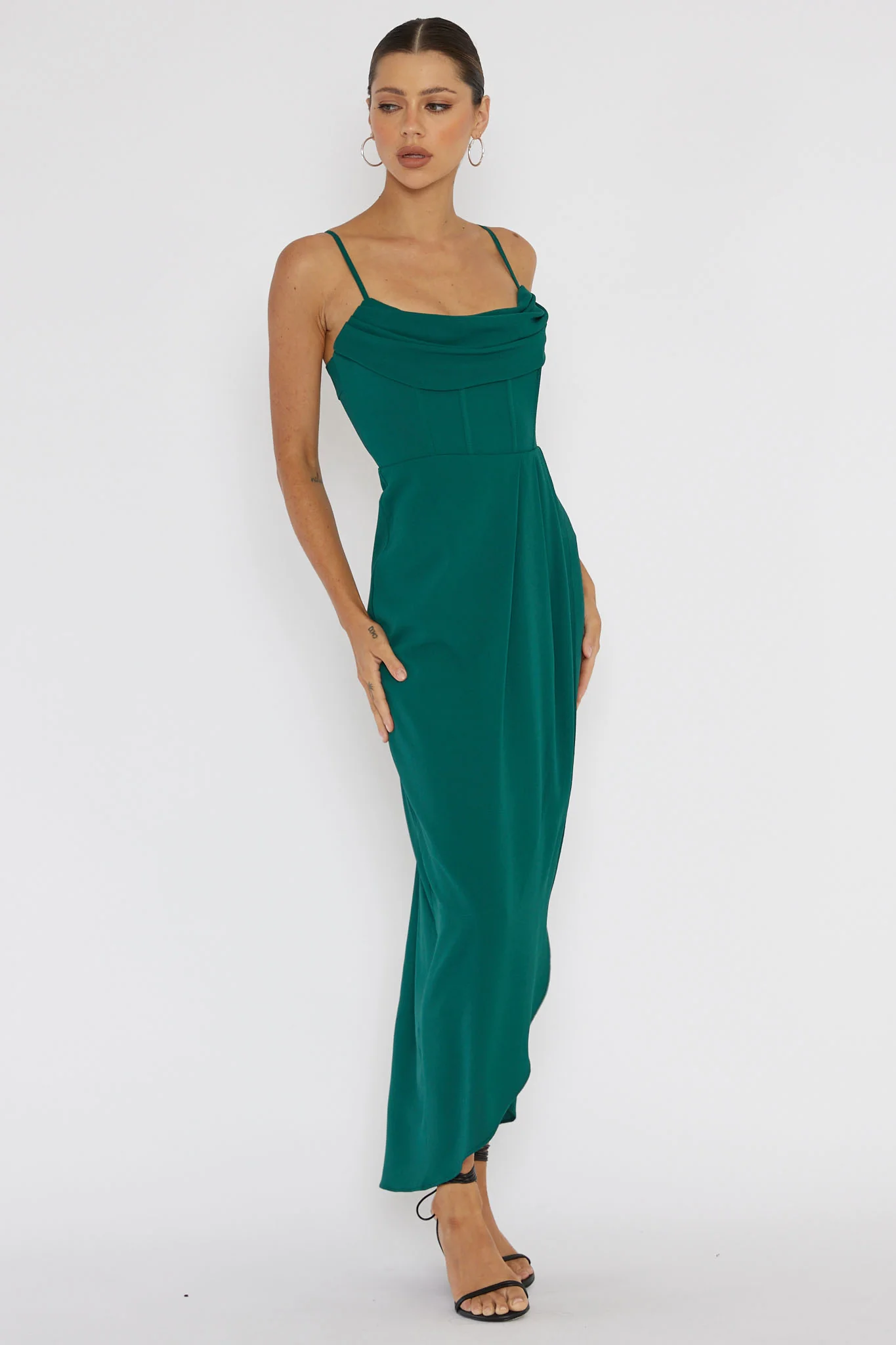 Patrice Draped Neck Split Midi Dress Forest Green - Image 3