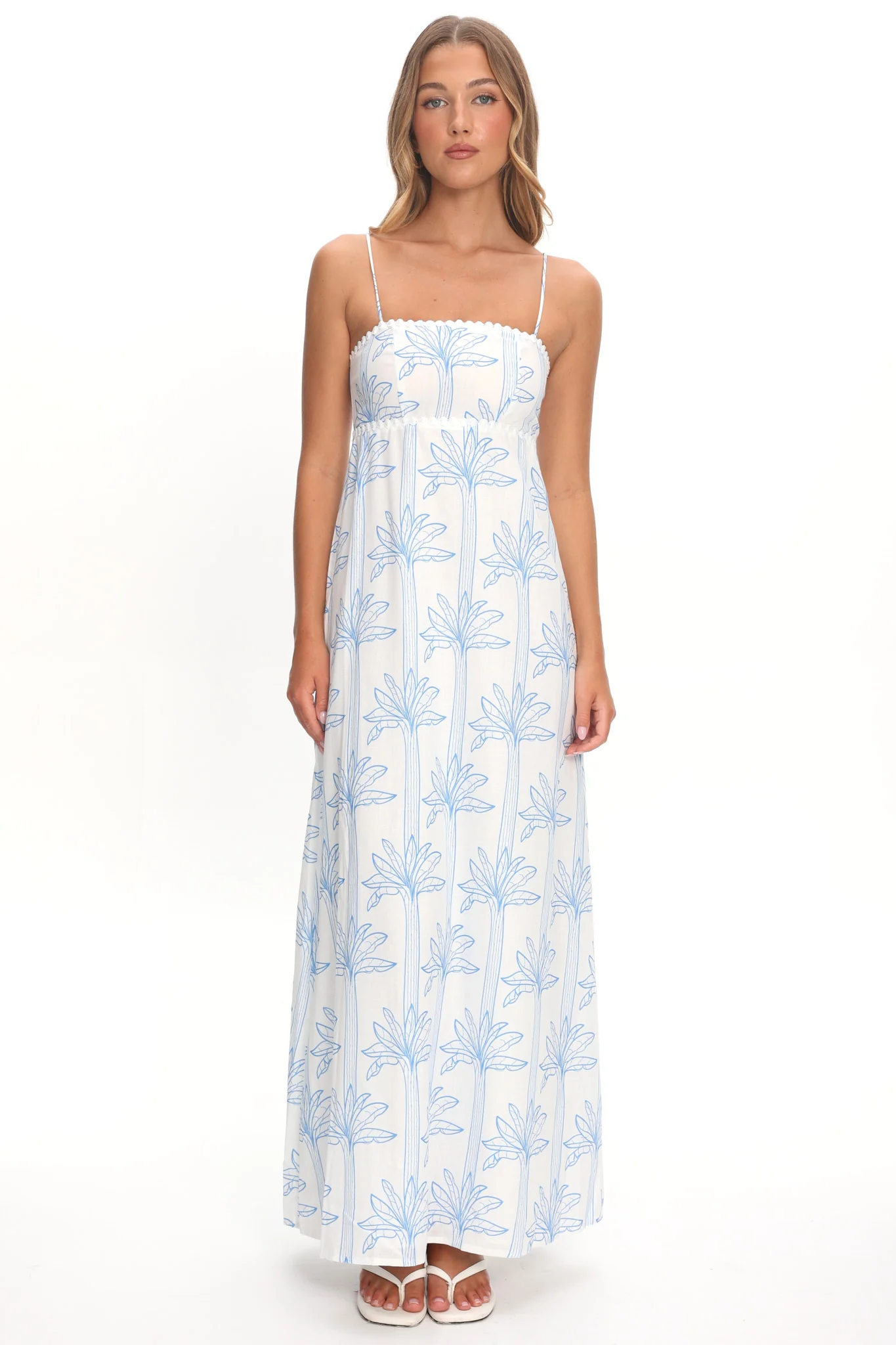 Patty Lace Trim Maxi Dress Palms White/Blue - Image 5