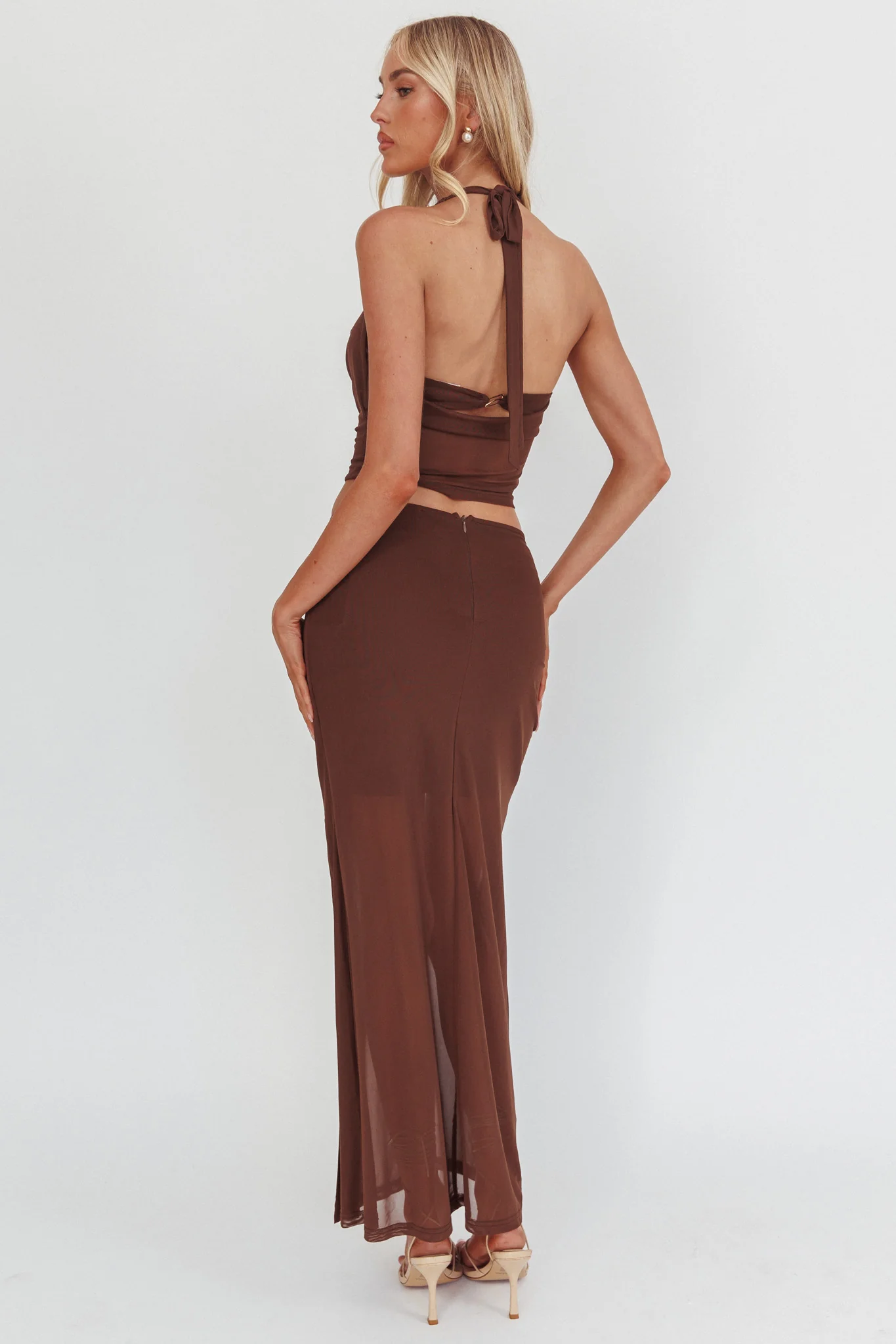 Paullina Gold Buckle Mesh Maxi Skirt Brown - Image 3