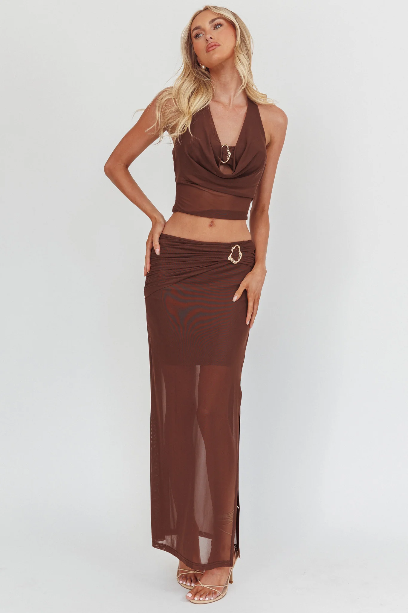 Paullina Gold Buckle Mesh Maxi Skirt Brown - Image 5
