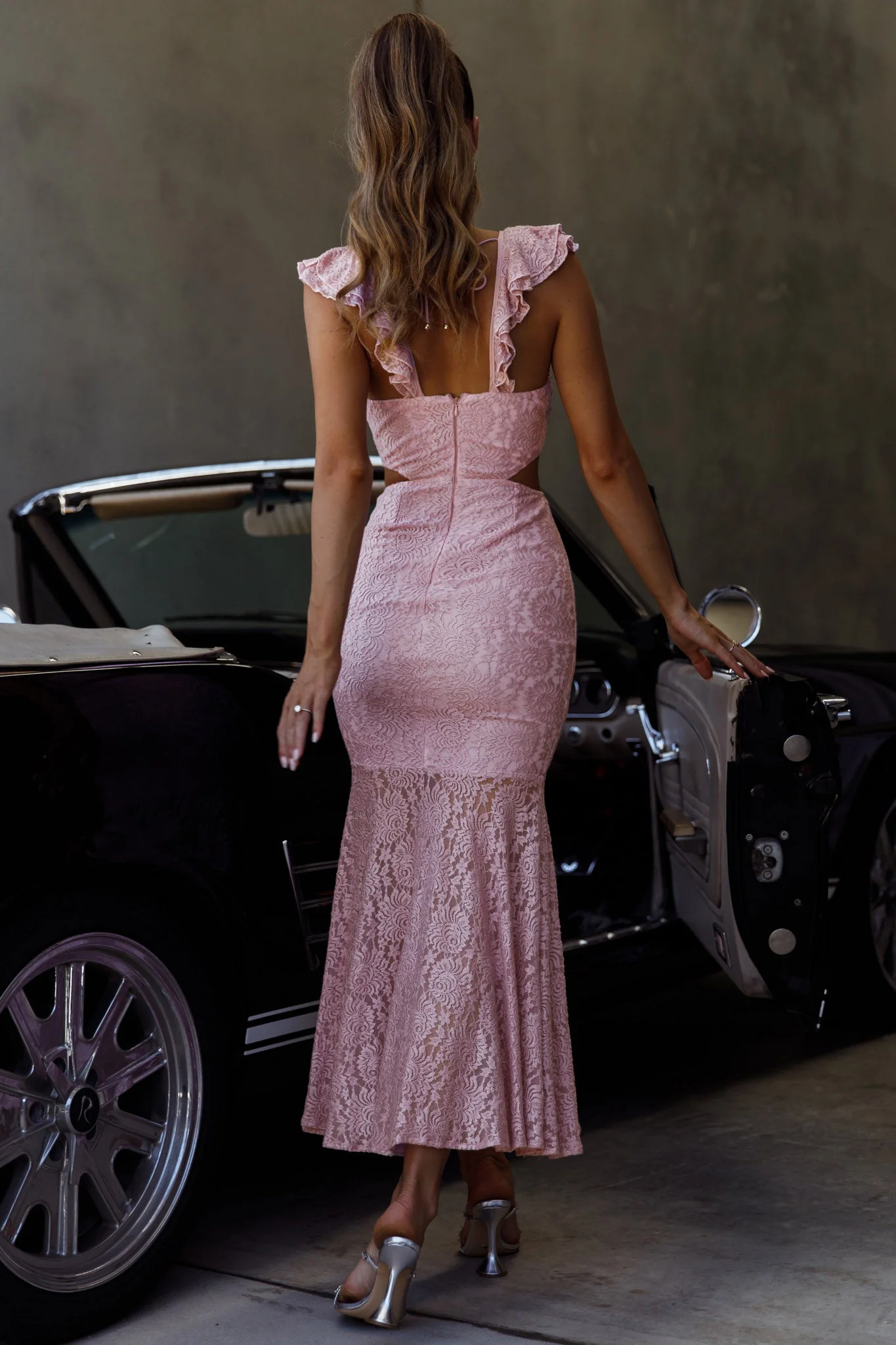 Pearl Ruffle Shoulder Lace Maxi Dress Pink - Image 8