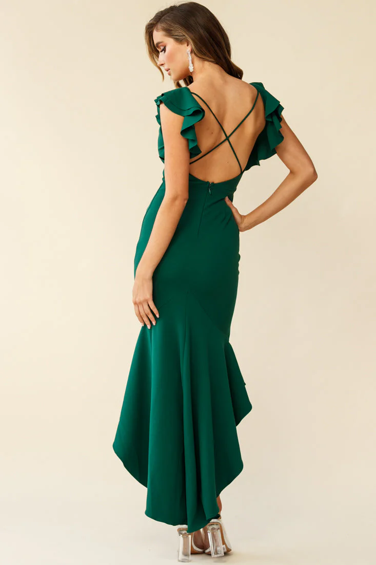 Pearl Ruffle Strap High-Low Hem Dress Forest Green - Image 3