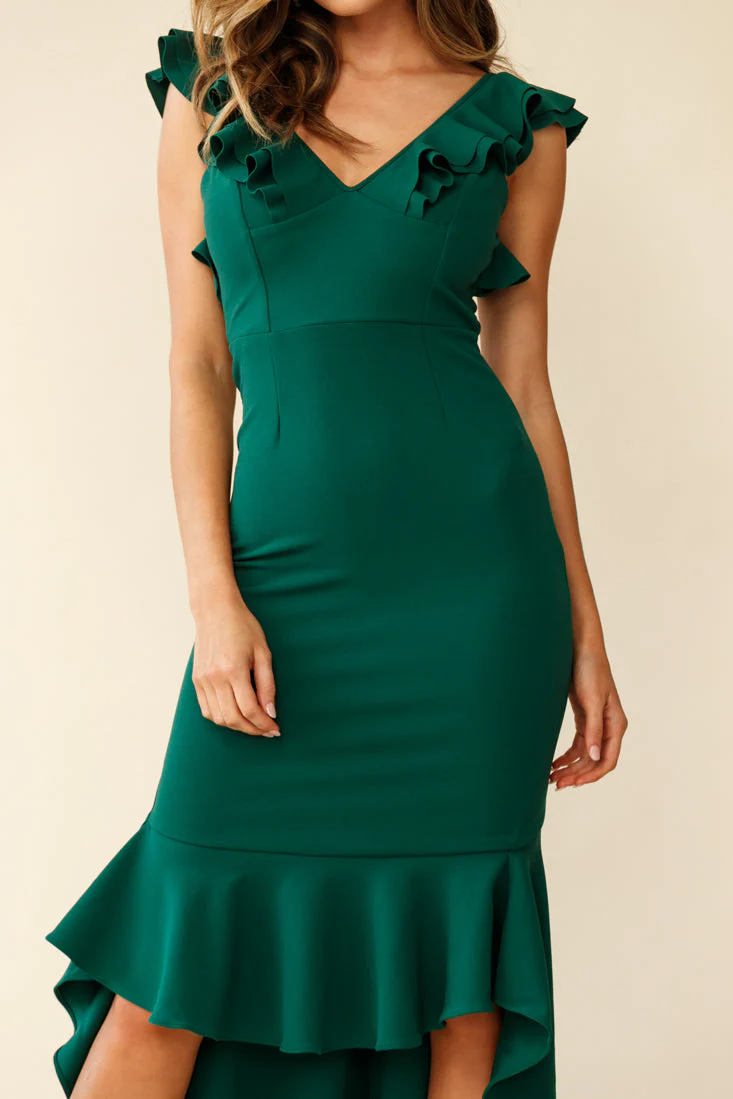 Pearl Ruffle Strap High-Low Hem Dress Forest Green - Image 4