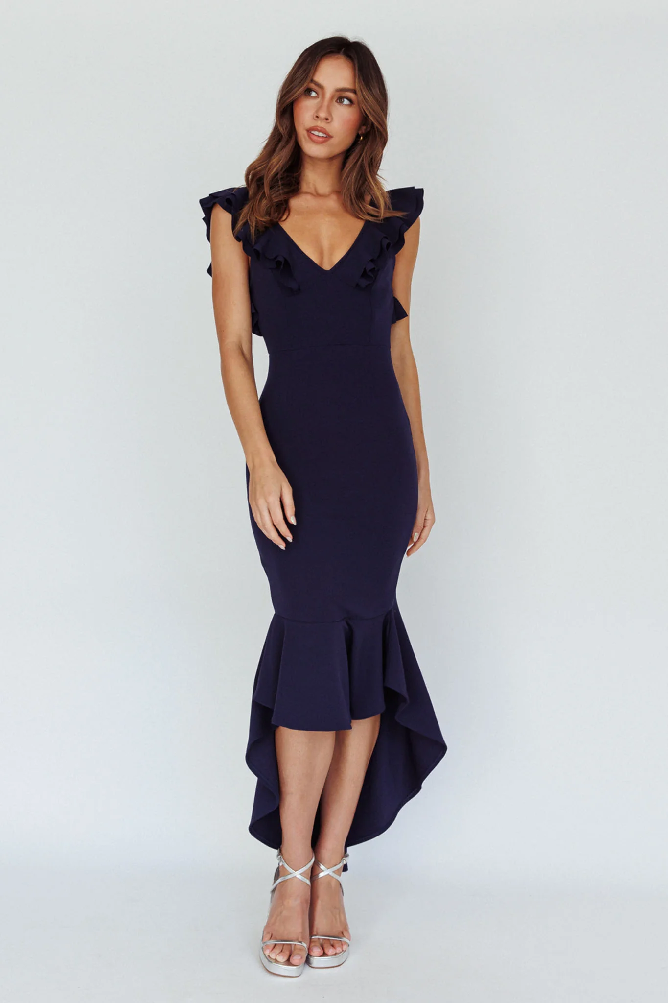 Pearl Ruffle Strap High-Low Hem Dress Navy - Image 8