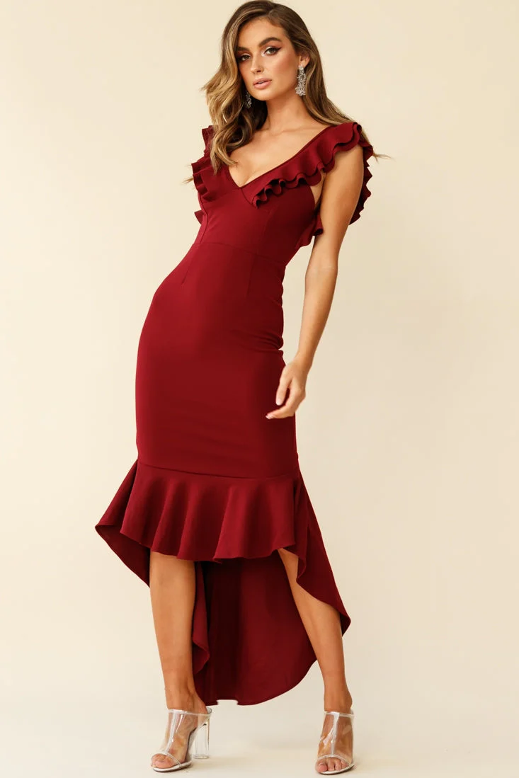 Pearl Ruffle Strap High-Low Hem Dress Plum - Image 2