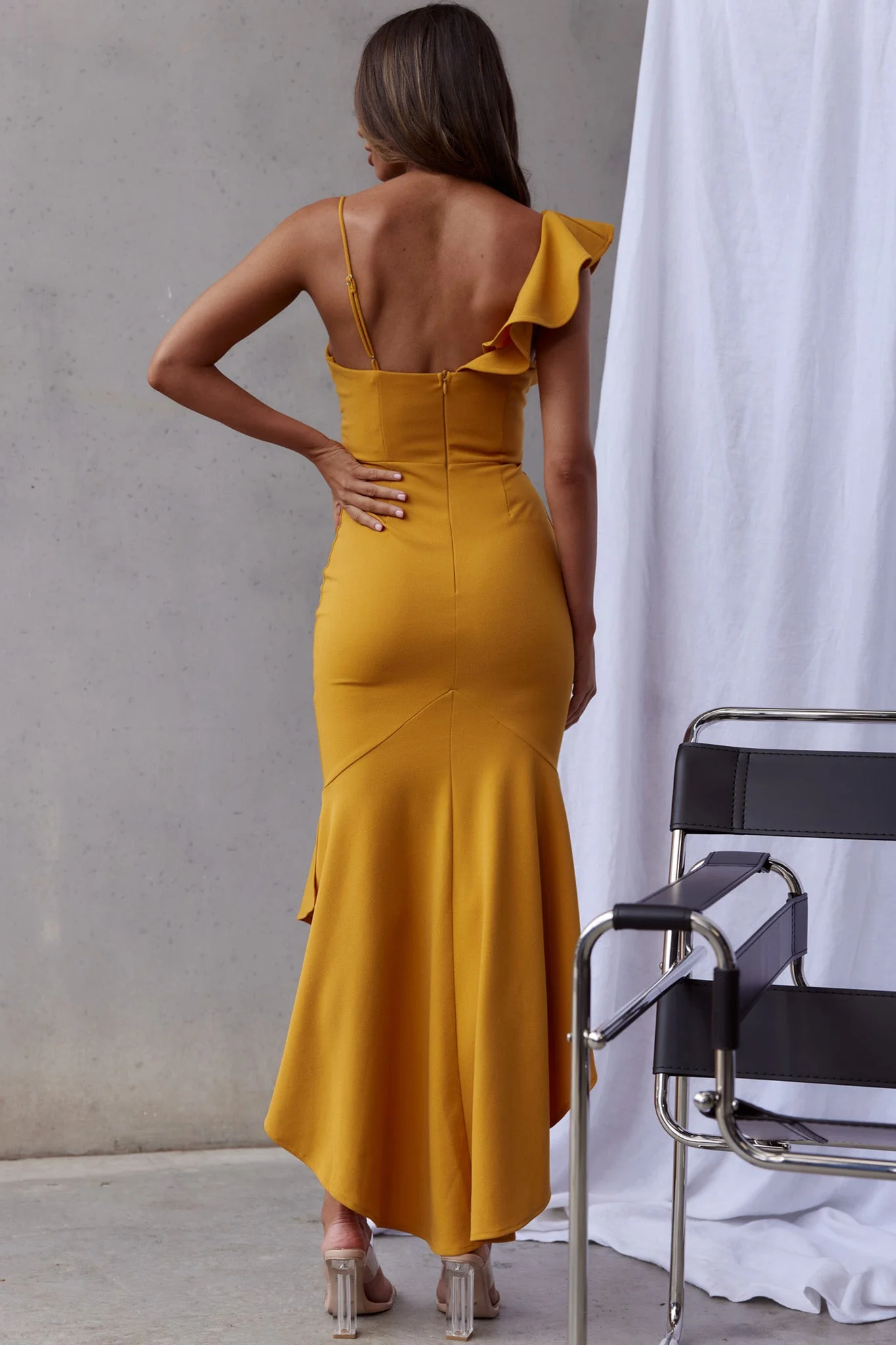 Pearl Ruffle Strap Twist Bust Dress Mustard - Image 2