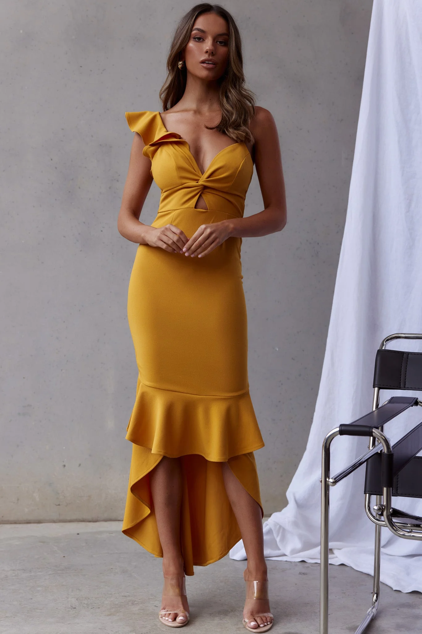 Pearl Ruffle Strap Twist Bust Dress Mustard - Image 3