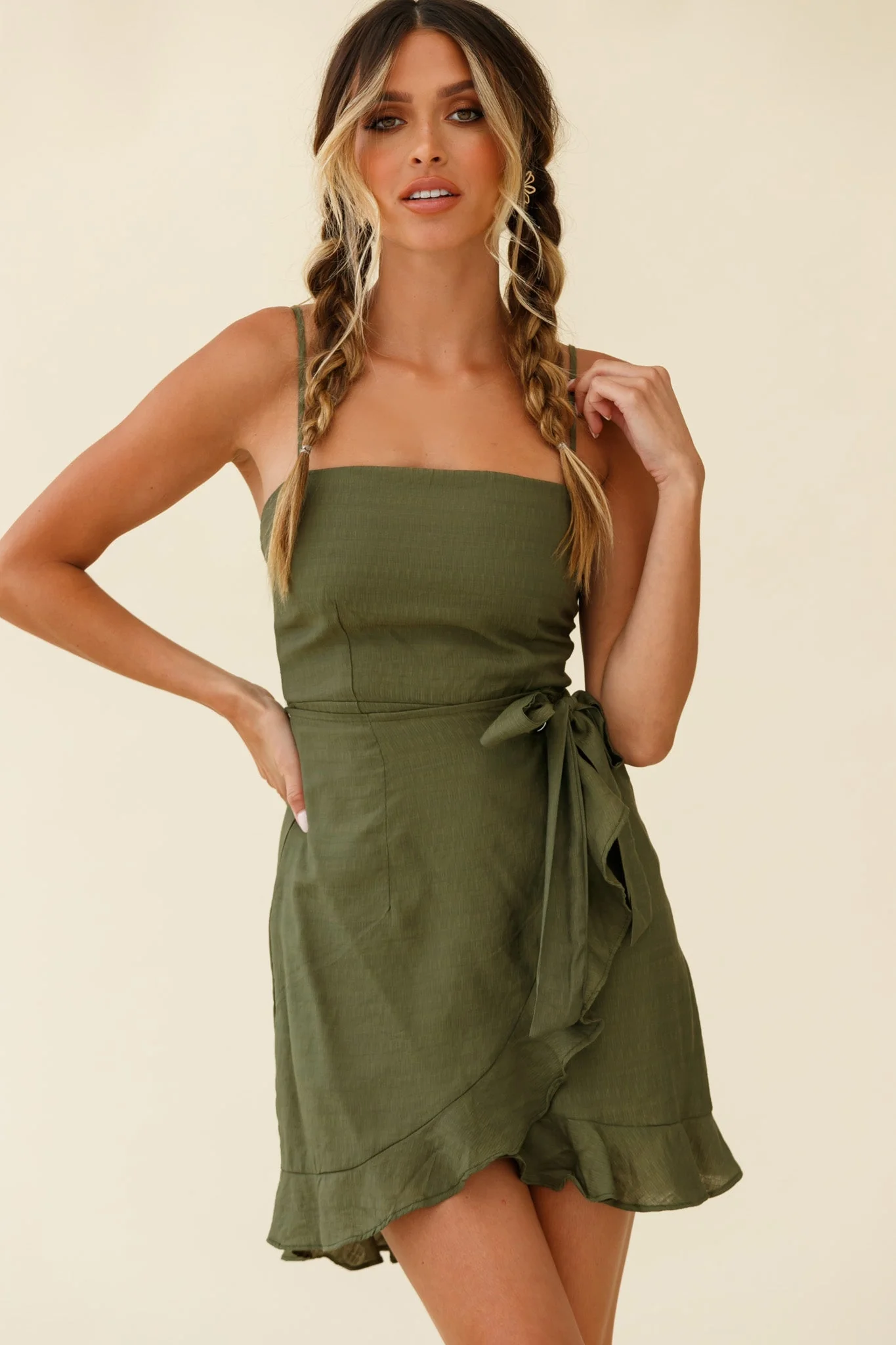 Pepita Cami Strap Wrap Dress Olive - Image 6