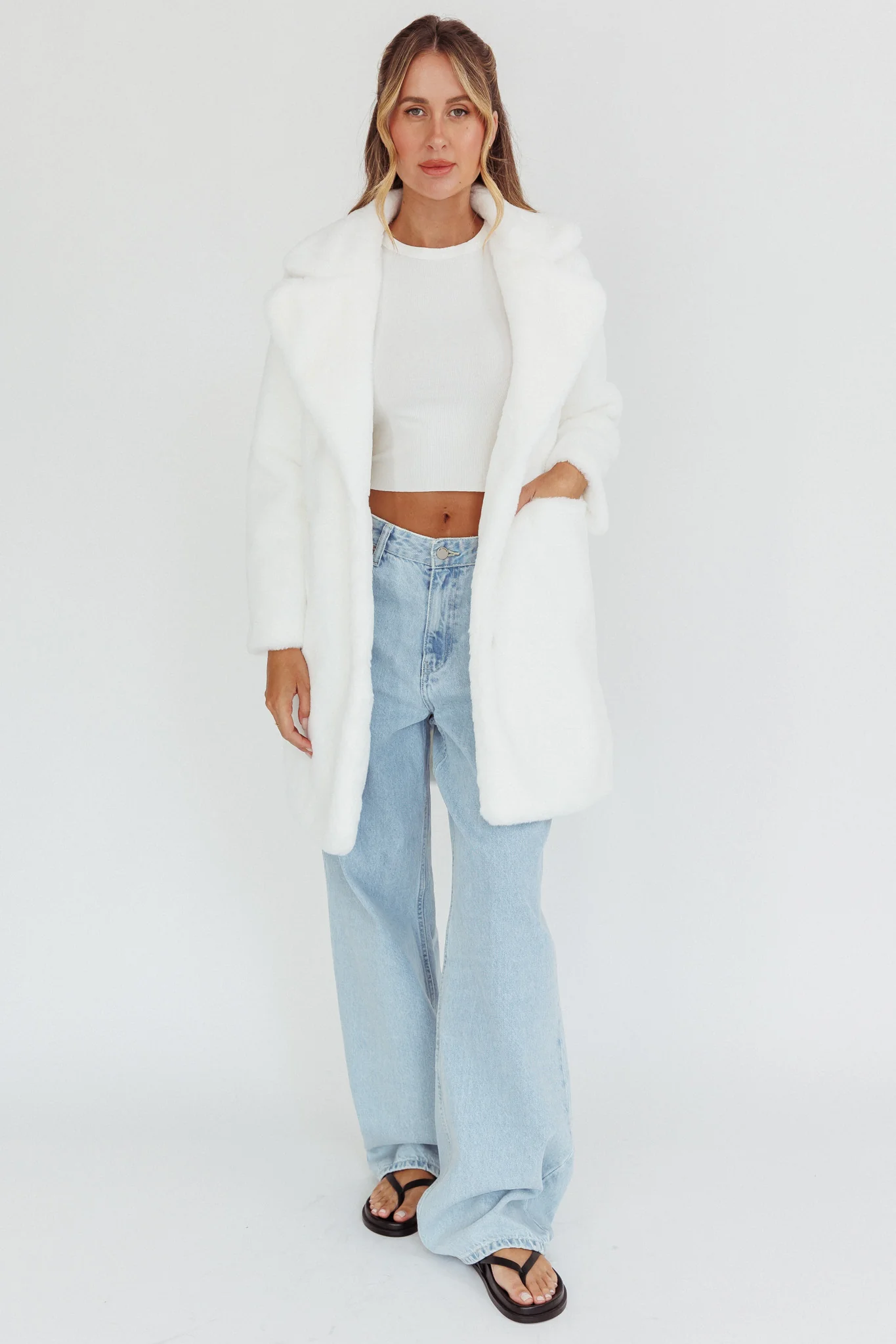Perceptions Longline Faux Fur Coat White - Image 3
