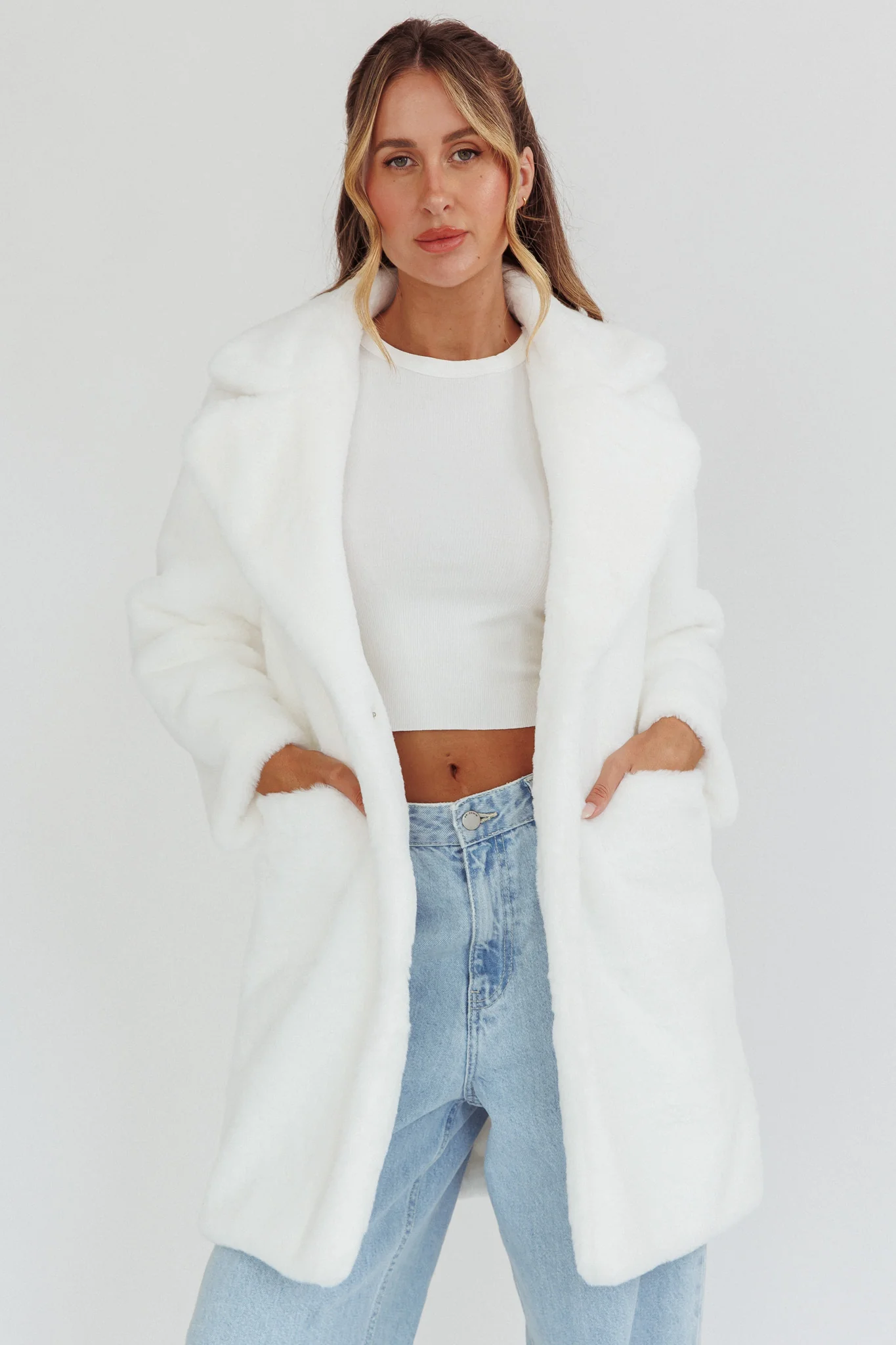 Perceptions Longline Faux Fur Coat White - Image 5