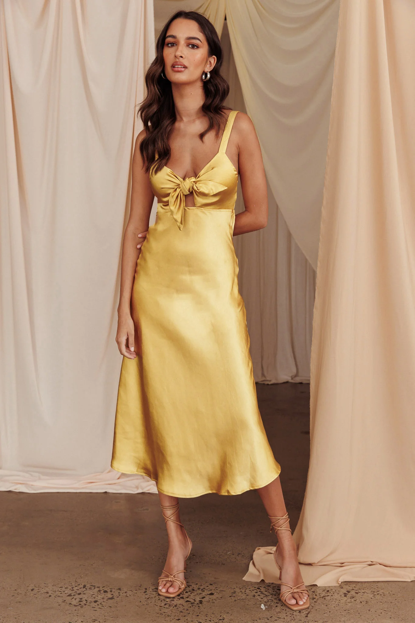 Perfect Day Satin Midi Dress Mustard - Image 3