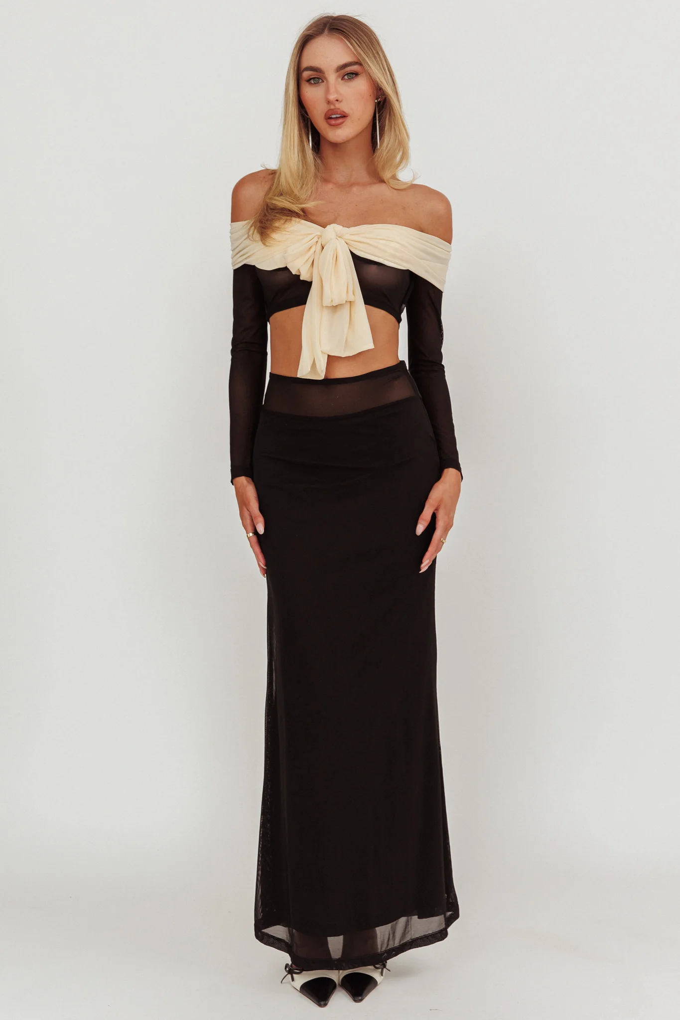 Perfect Worlds Off Shoulder Sheer Cropped Top Black - Image 3