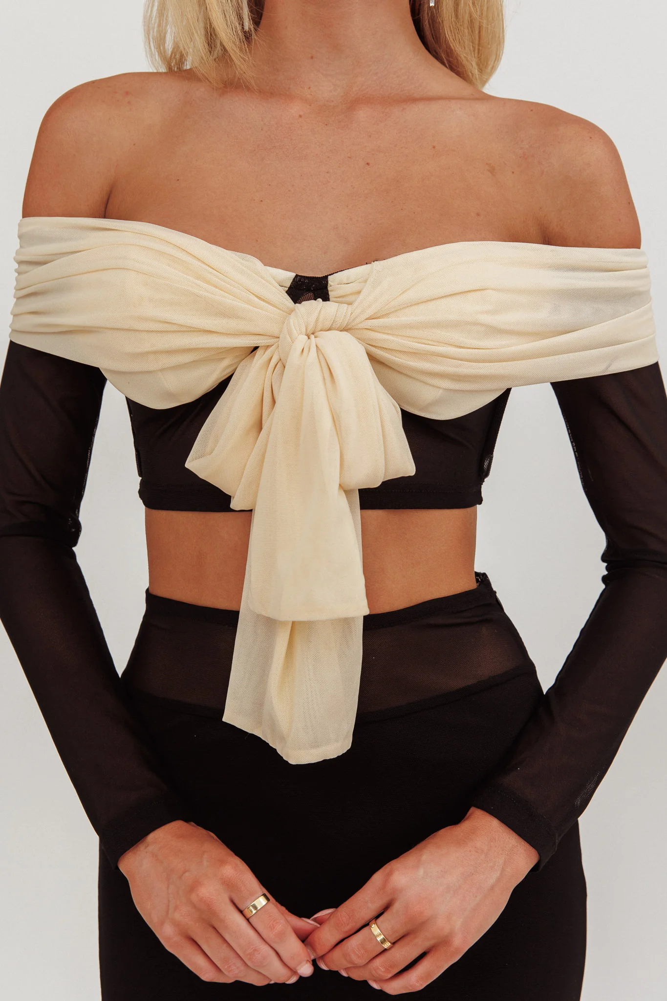 Perfect Worlds Off Shoulder Sheer Cropped Top Black - Image 4