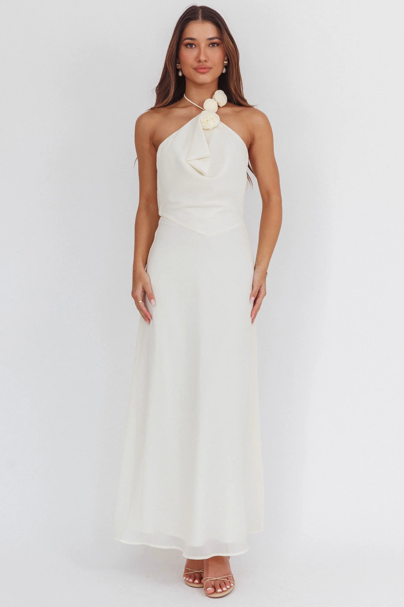 Petronilla Rosette Halterneck Maxi Dress Eggshell - Image 4