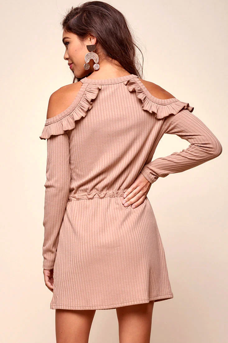 Petsch Cozy Waist Tie Long Sleeved Dress Mocha - Image 4