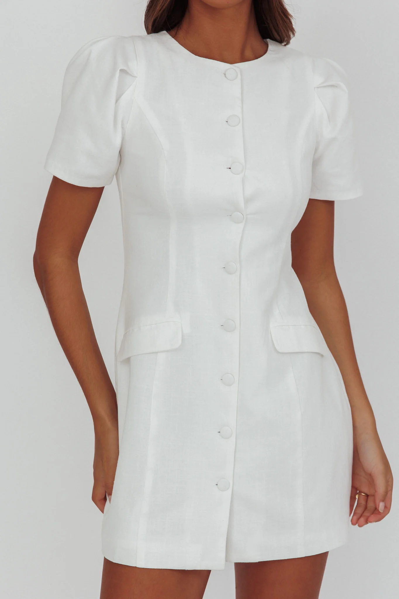 Philomena Button Front Mini Dress White - Image 3