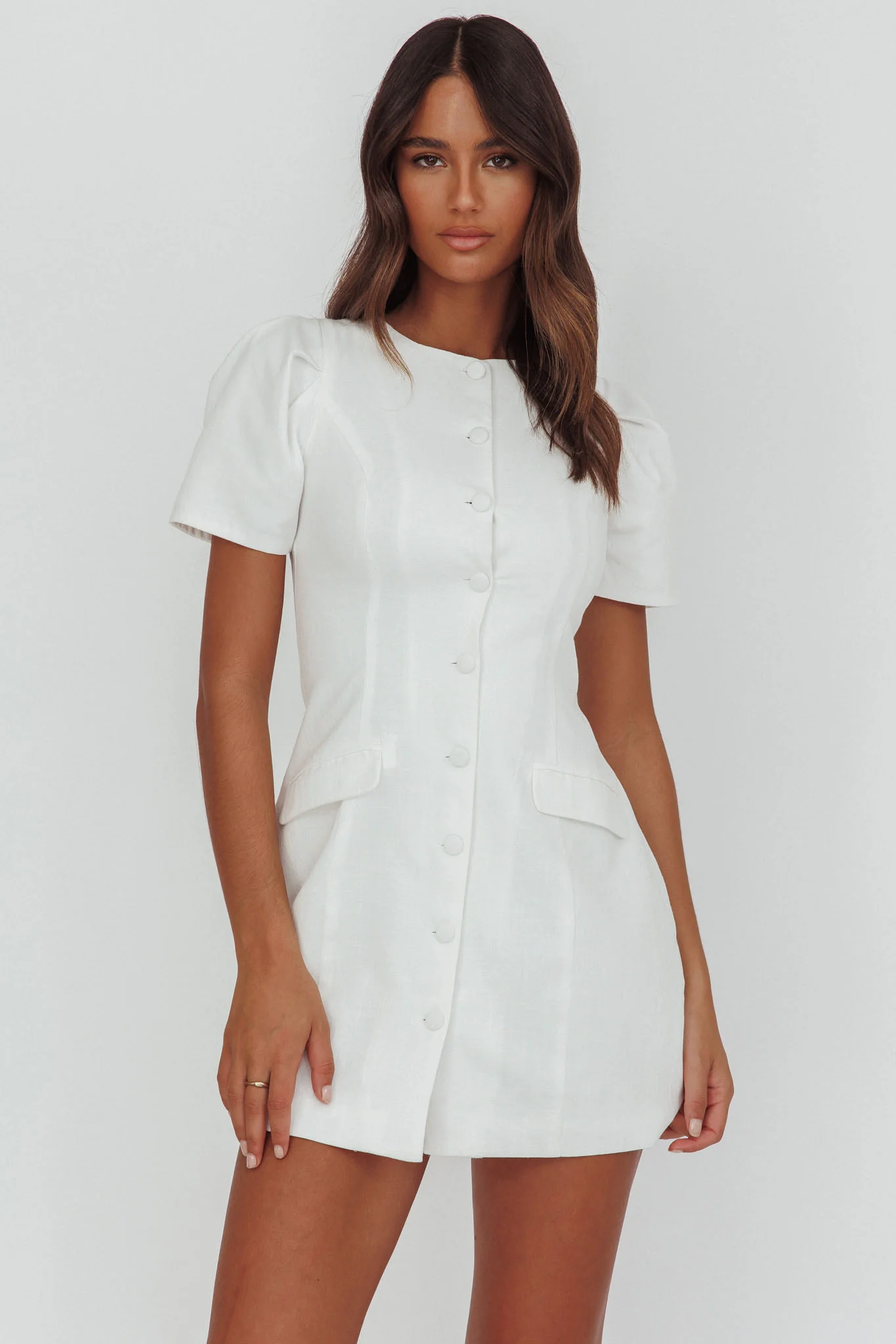 Philomena Button Front Mini Dress White - Image 5