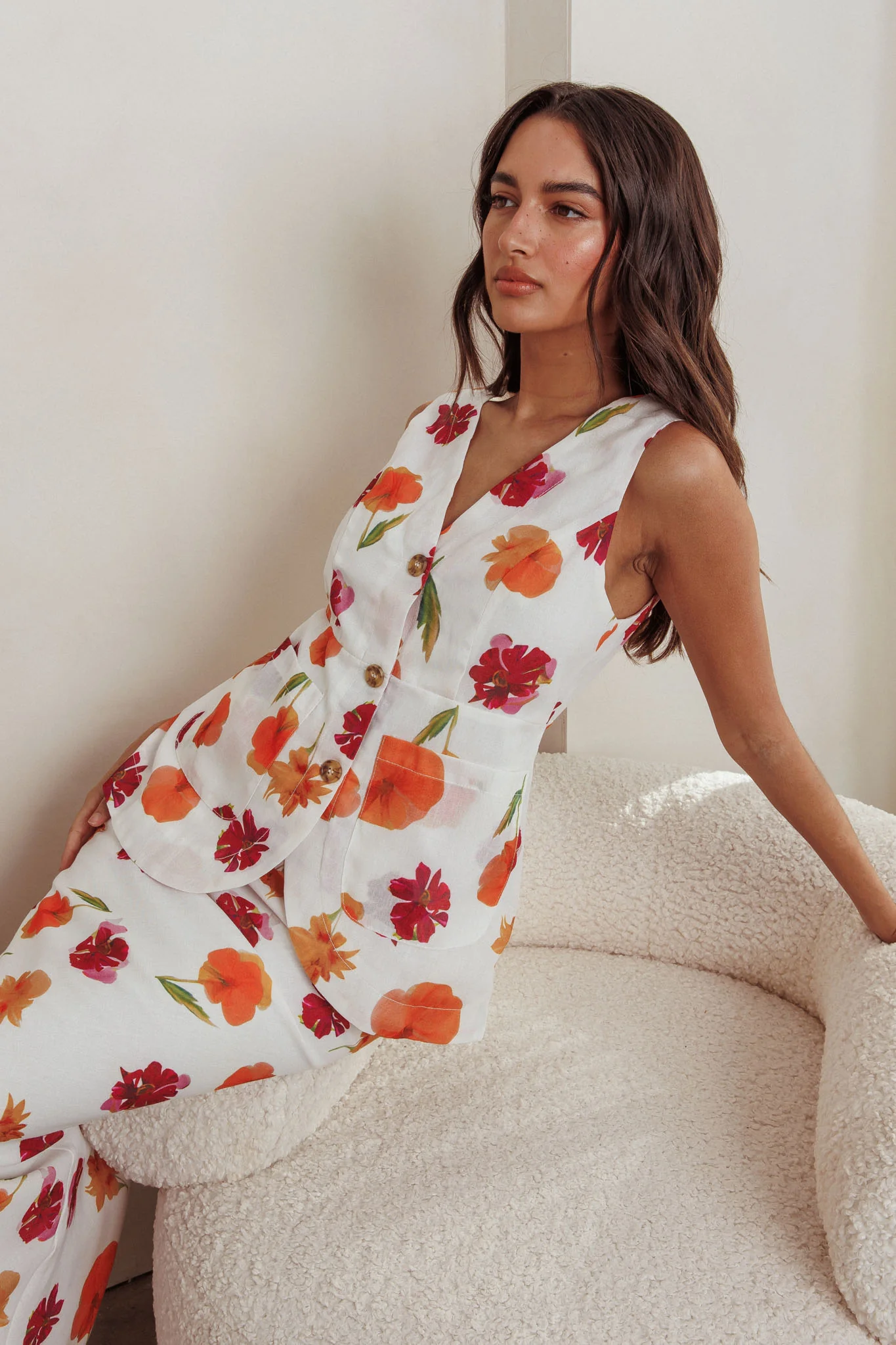 Philomena Button Front Pocket Vest Top Floral Orange Multi - Image 3
