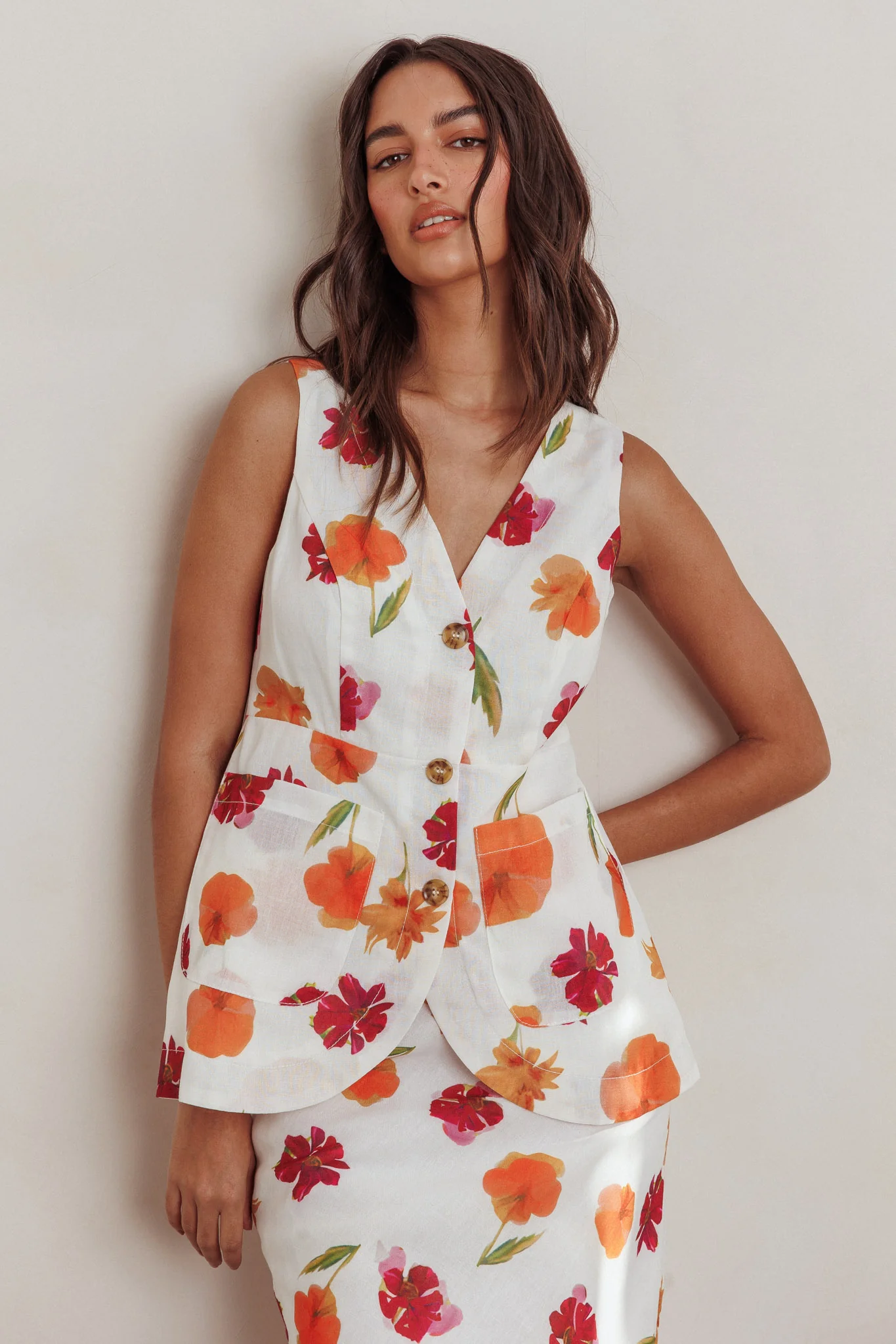Philomena Button Front Pocket Vest Top Floral Orange Multi - Image 7