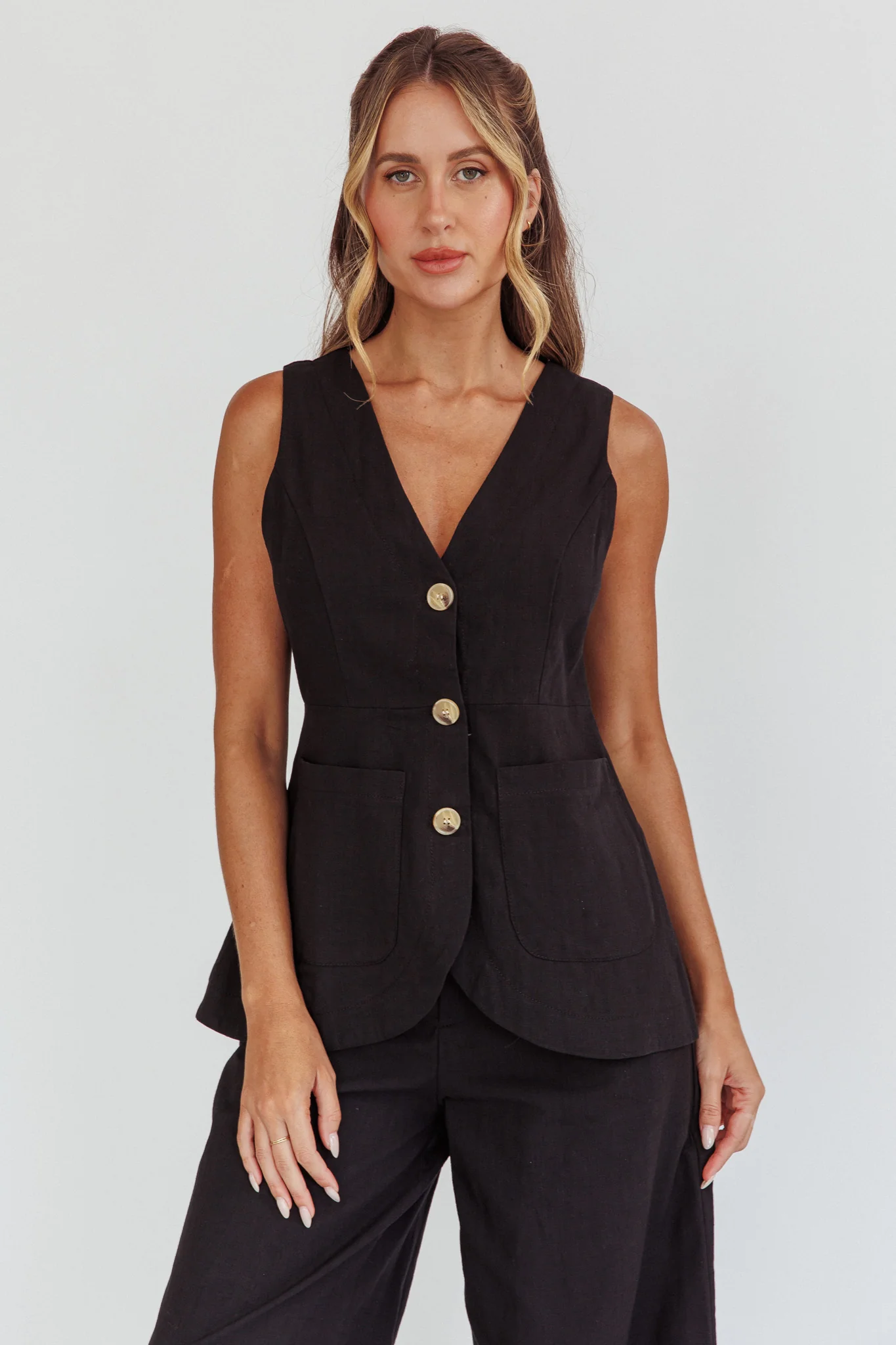 Philomena Button Pocket Vest Top Black - Image 5