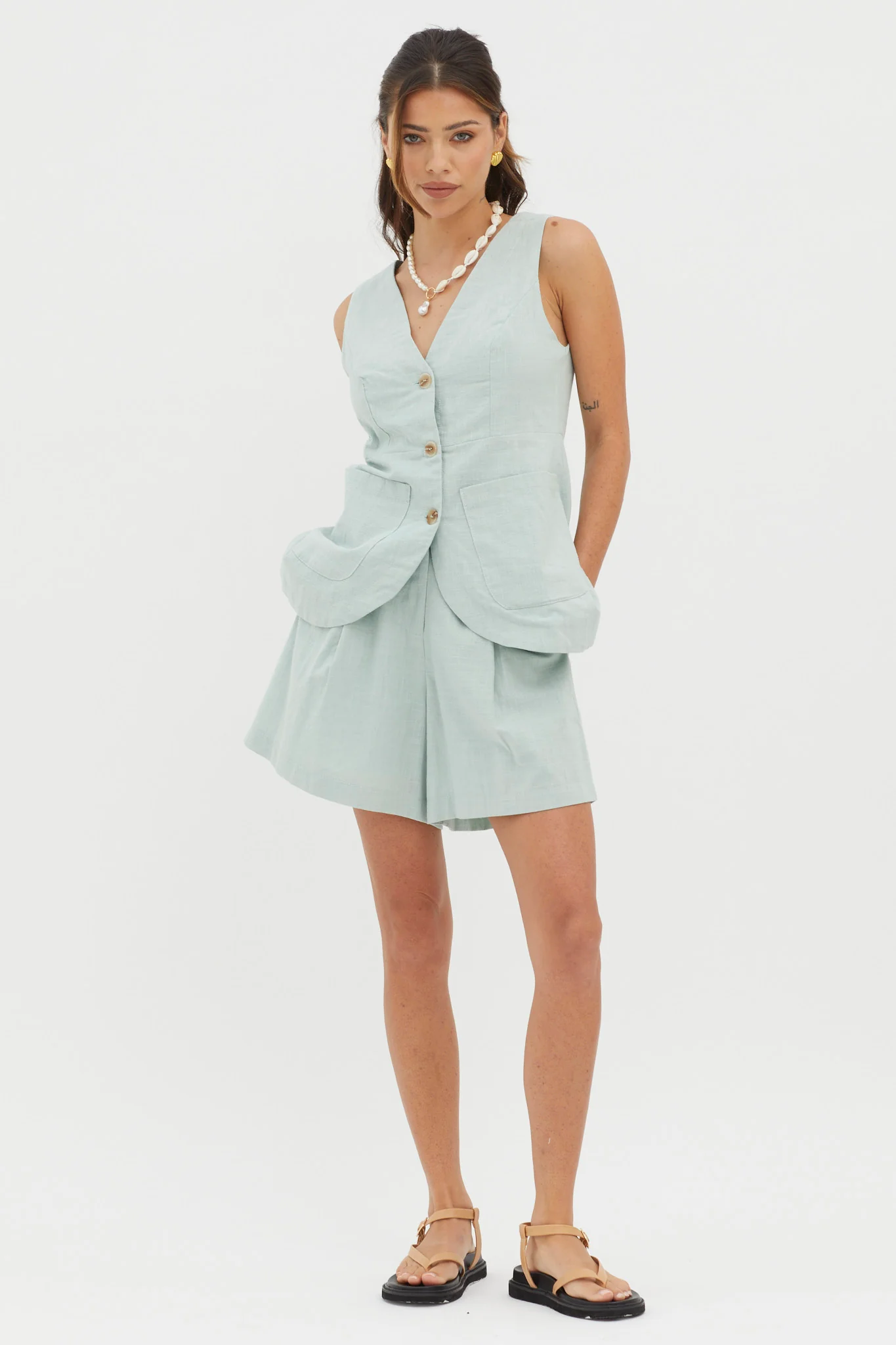 Philomena Button Pocket Vest Top Sage - Image 3