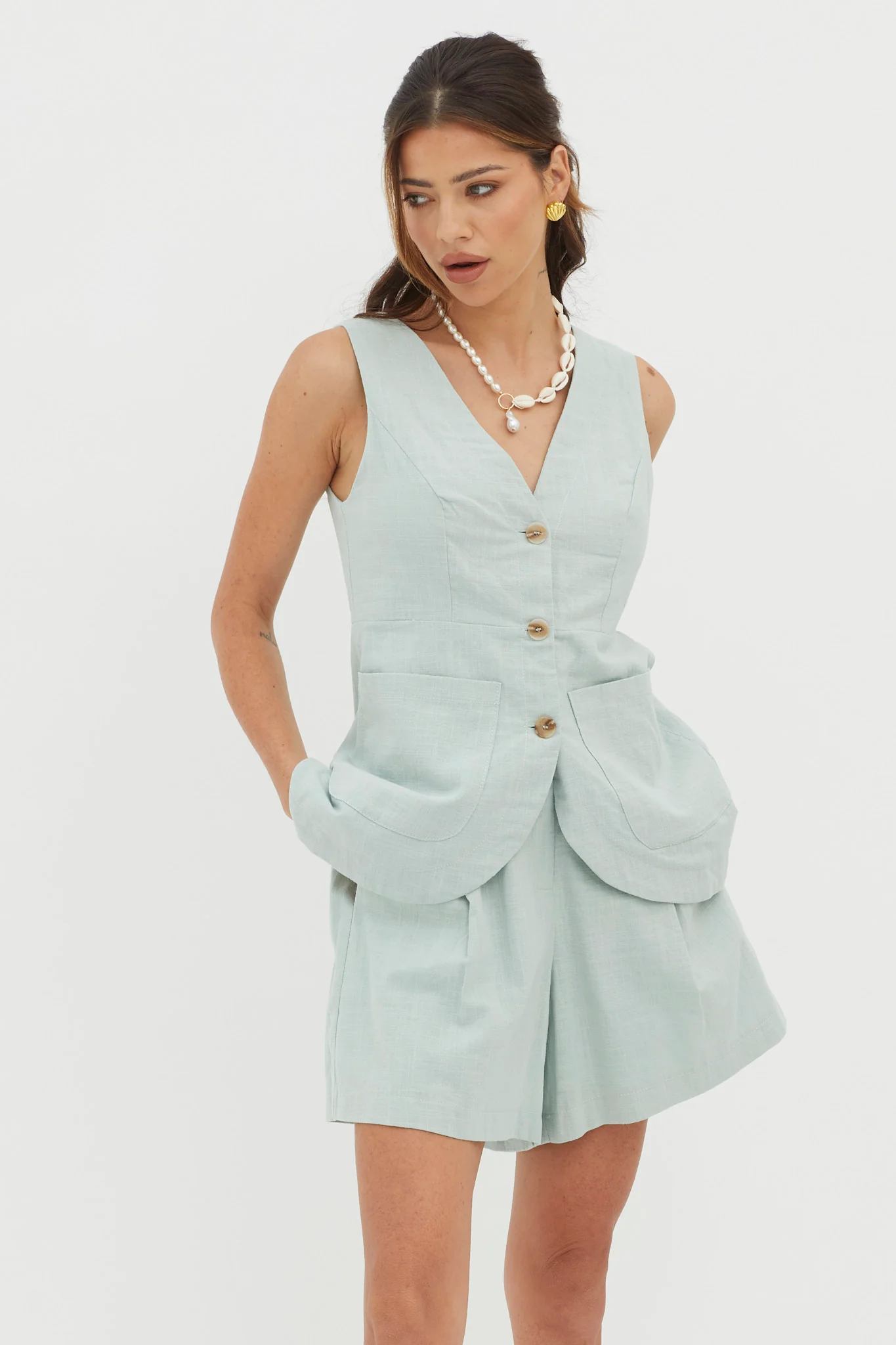 Philomena Button Pocket Vest Top Sage - Image 5