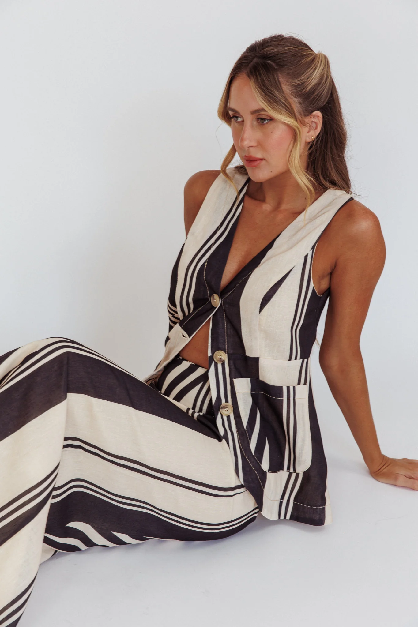 Philomena Button Pocket Vest Top Stripe Black - Image 2