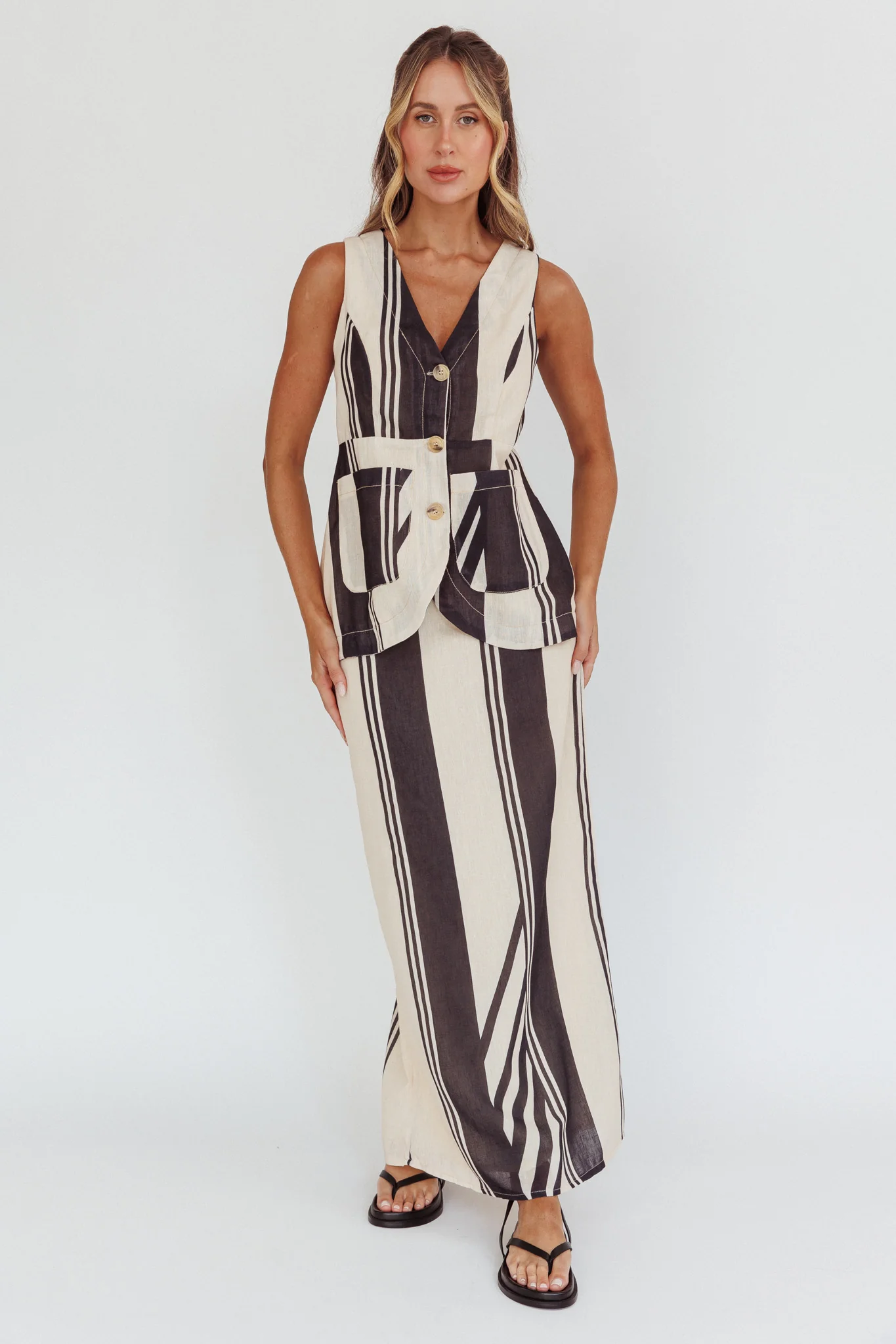 Philomena Button Pocket Vest Top Stripe Black - Image 4