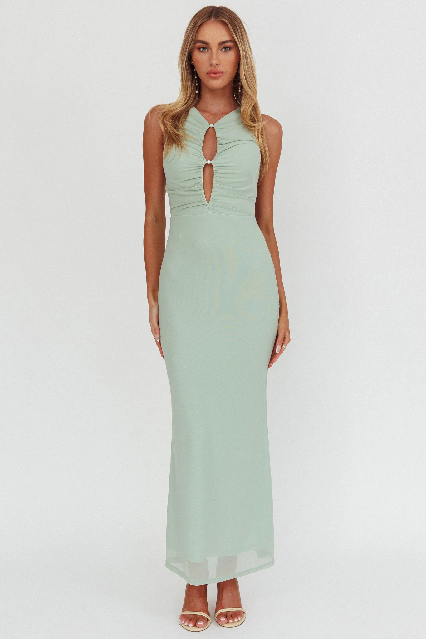 Piece Of Heaven Sleeveless Keyhole Mesh Maxi Dress Sage - Image 4
