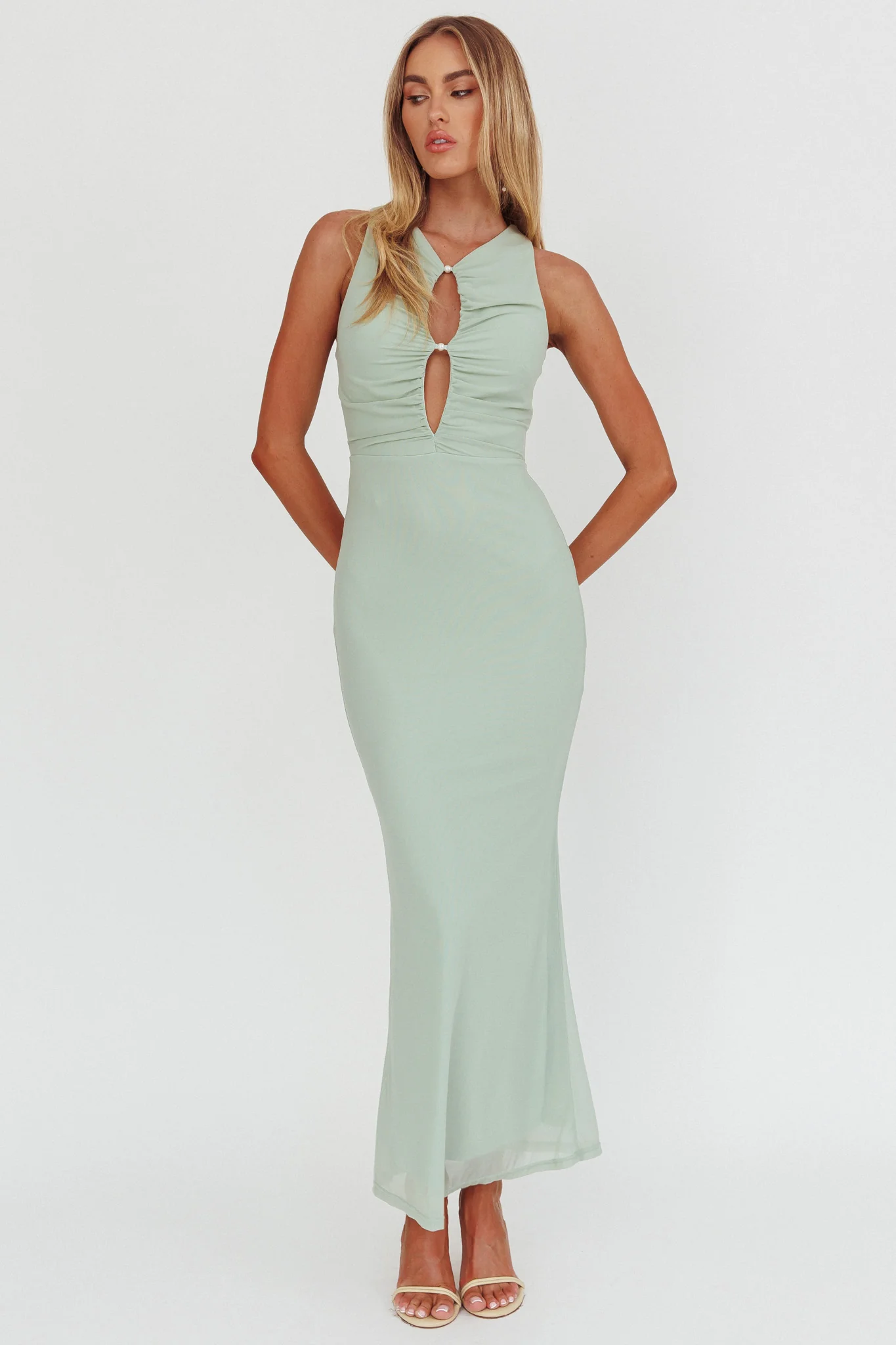 Piece Of Heaven Sleeveless Keyhole Mesh Maxi Dress Sage - Image 5