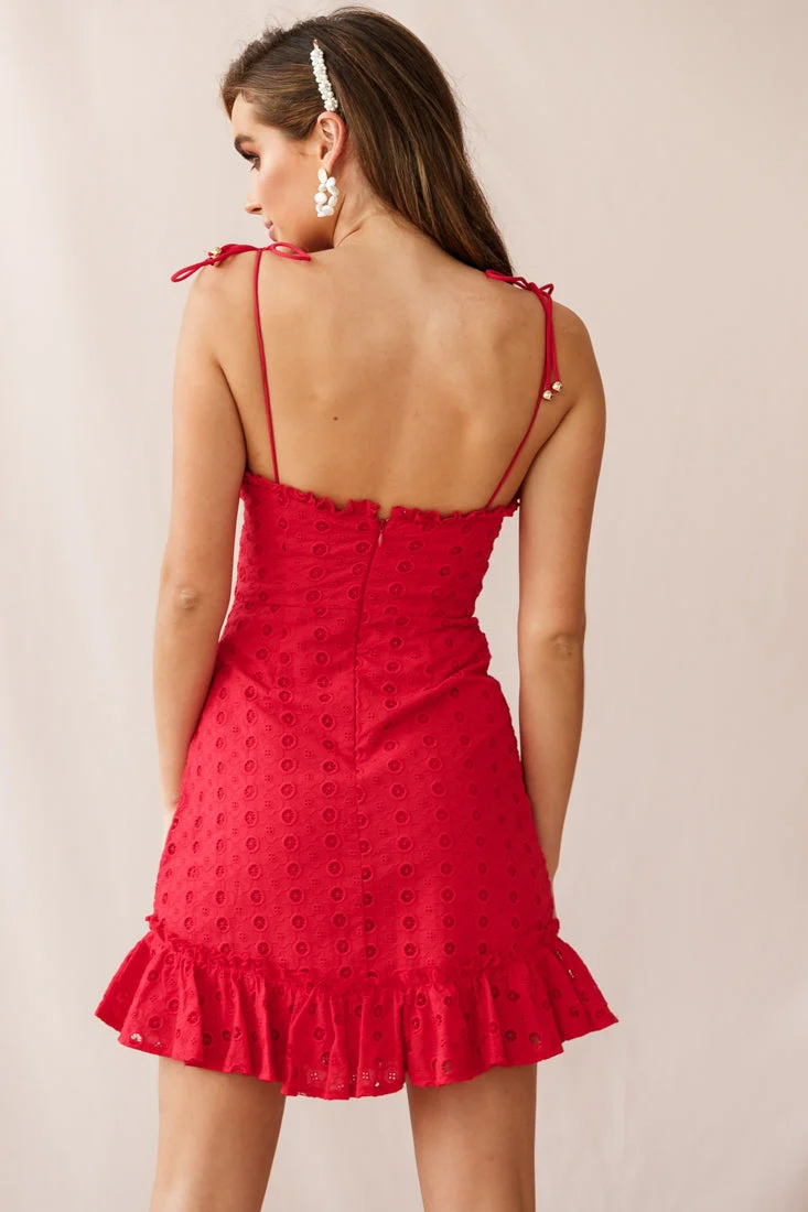 Pippa Eyelet Embroidered Frill Trim Dress Red - Image 3