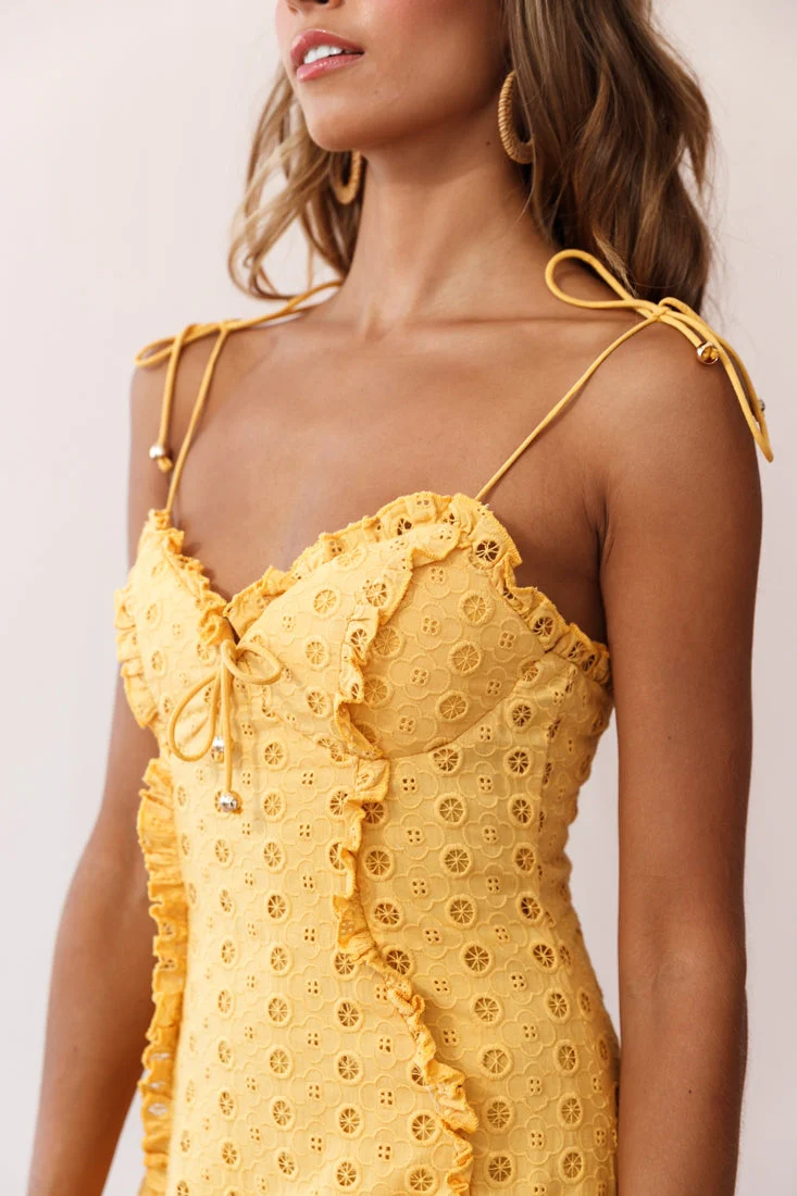 Pippa Eyelet Embroidered Frill Trim Dress Yellow - Image 5