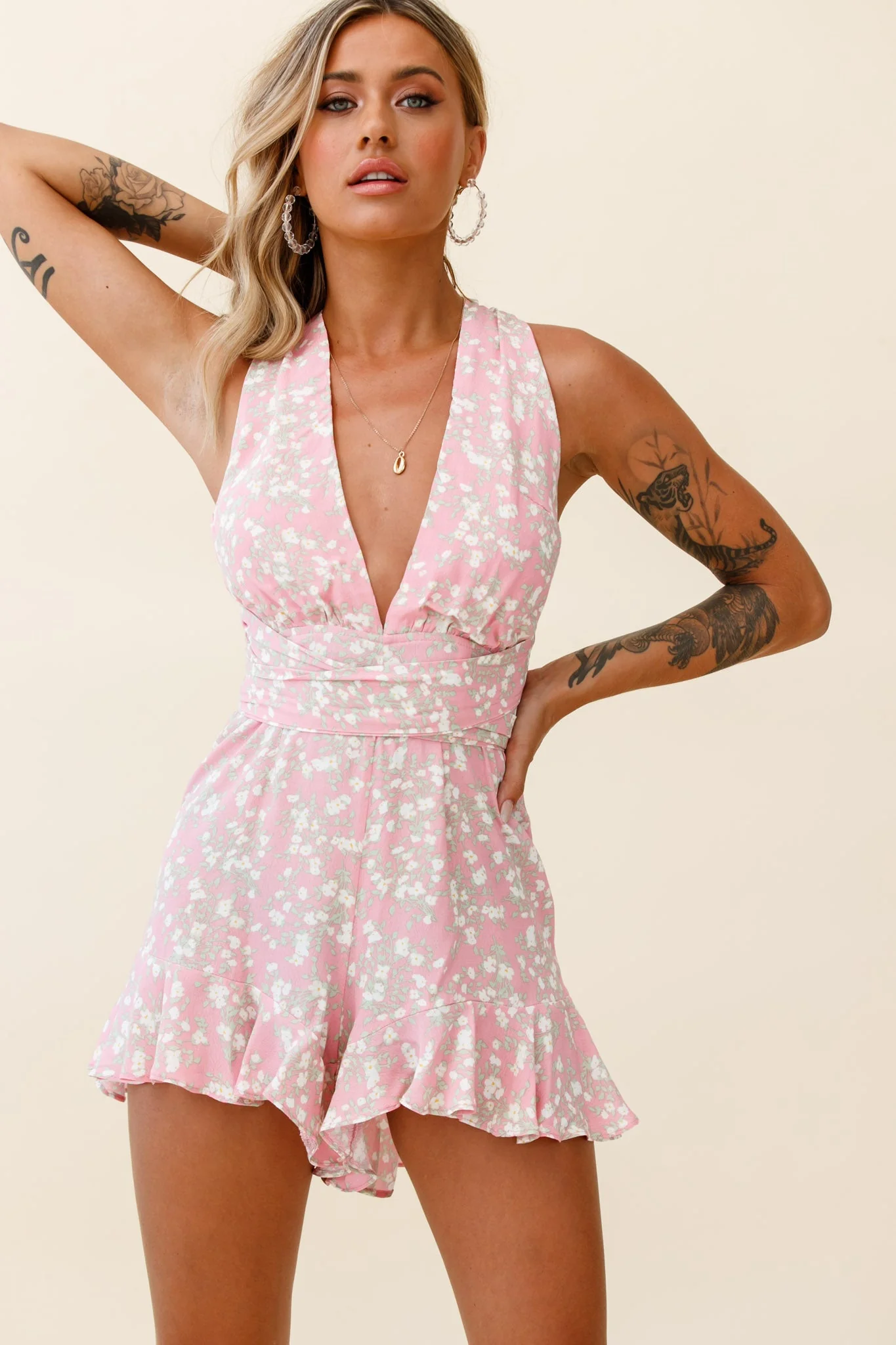 Playa Vista Halterneck Frill Hem Romper Floral Print Pink - Image 6