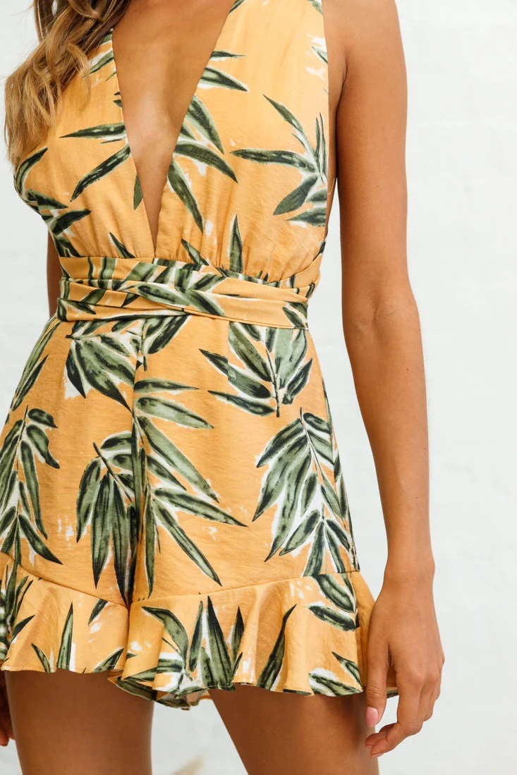 Playa Vista Halterneck Frill Hem Romper Palm Print Sunset - Image 5