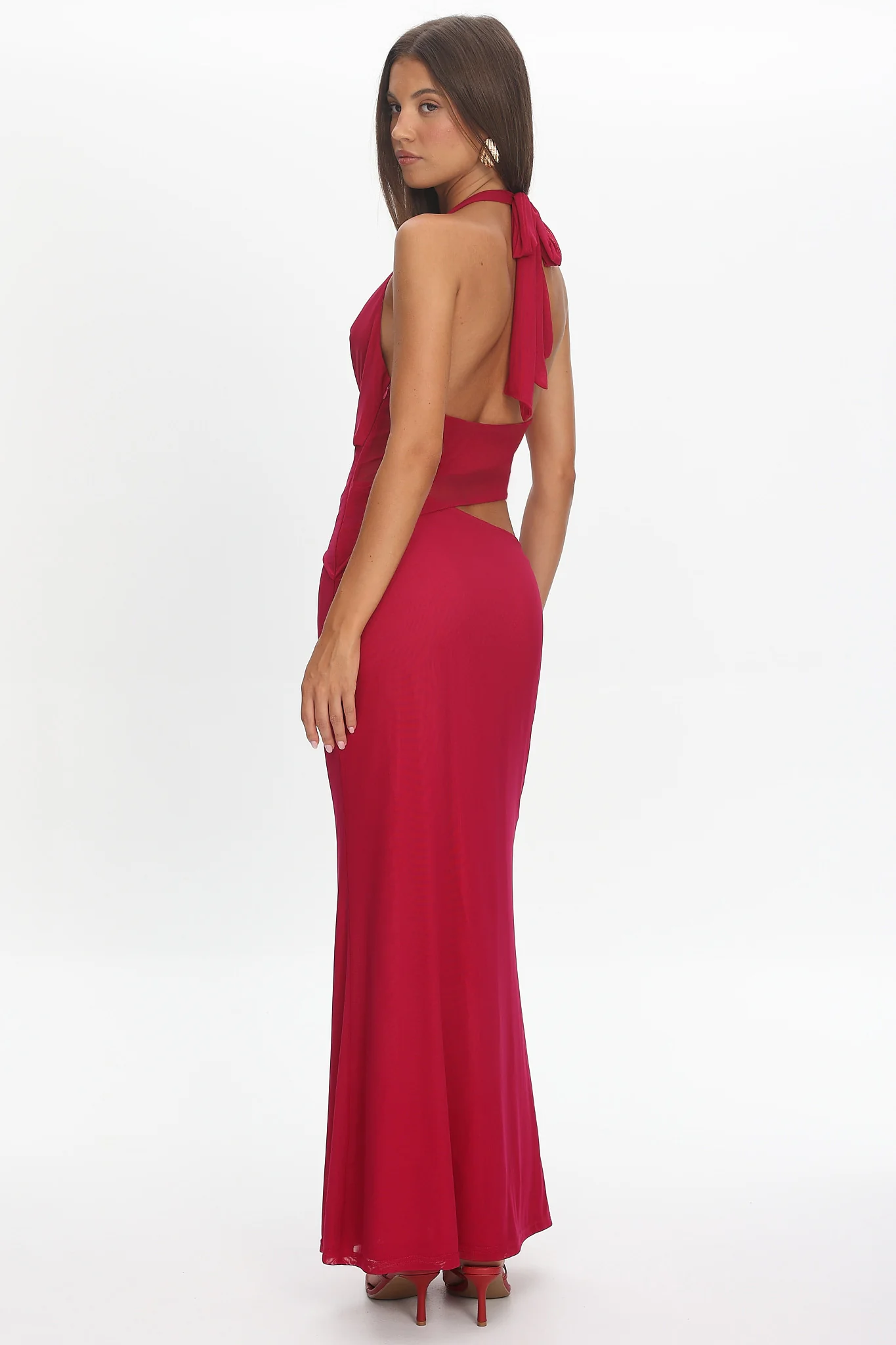 Playing Games Cut-Out Cowl Halter Dress Berry - Image 3