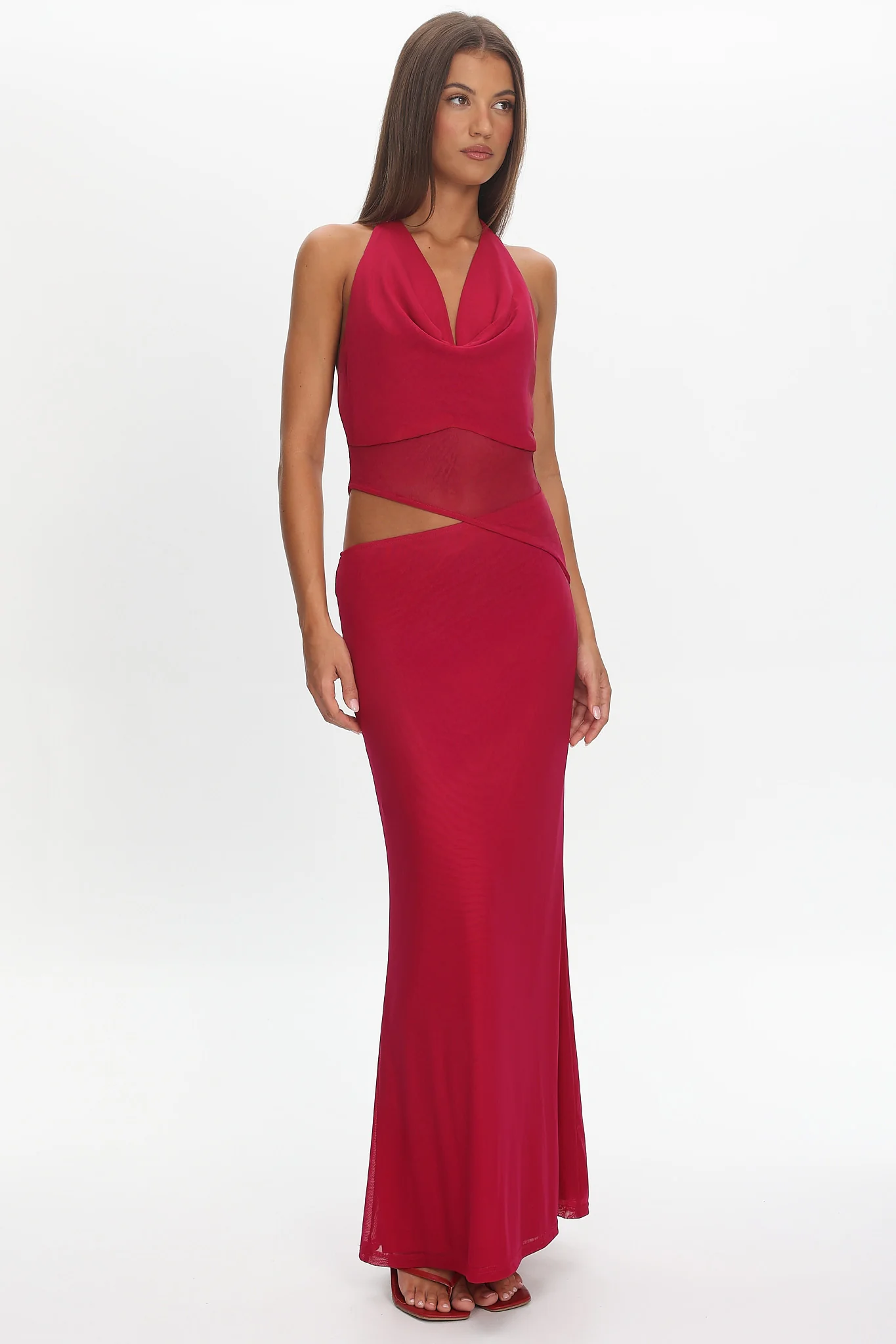 Playing Games Cut-Out Cowl Halter Dress Berry - Image 5