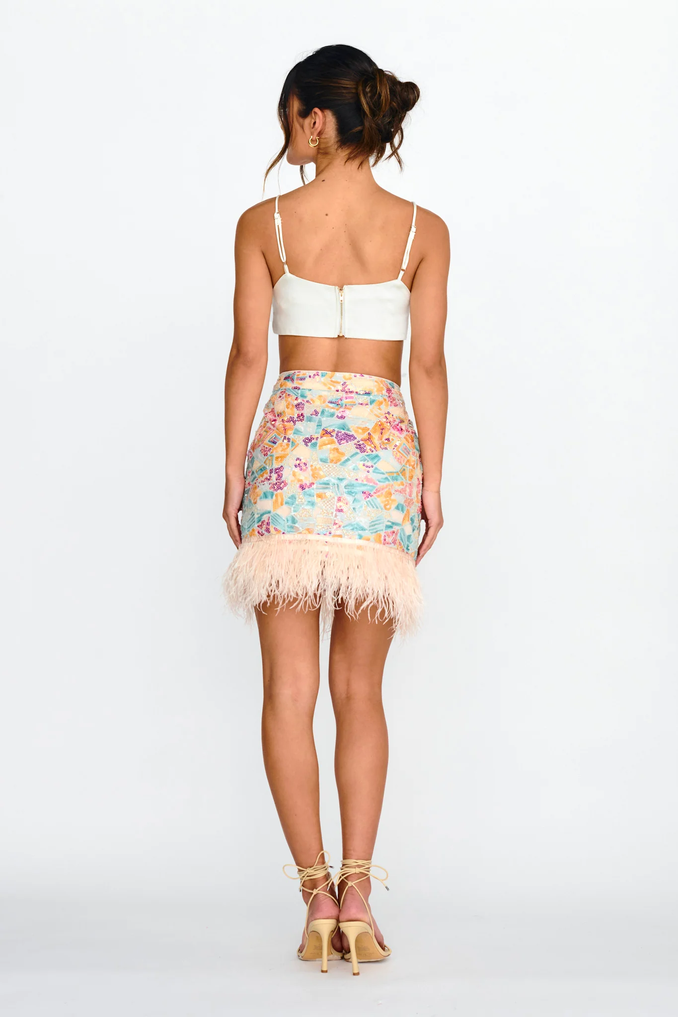 Popstar Sequin Feather Hem Skirt Cream Multi - Image 3