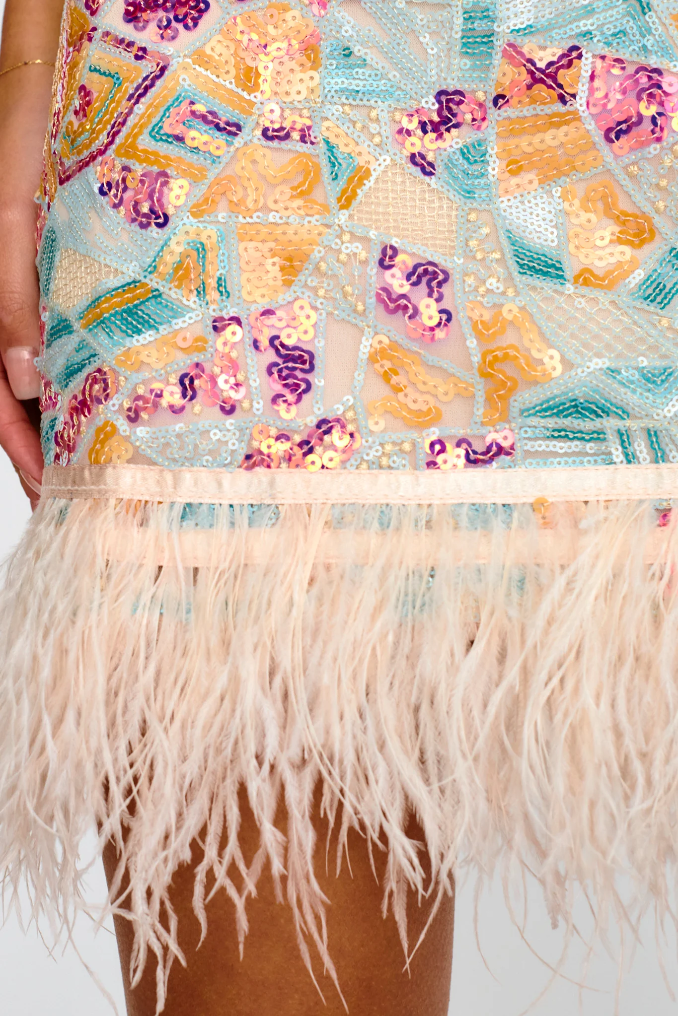 Popstar Sequin Feather Hem Skirt Cream Multi - Image 4