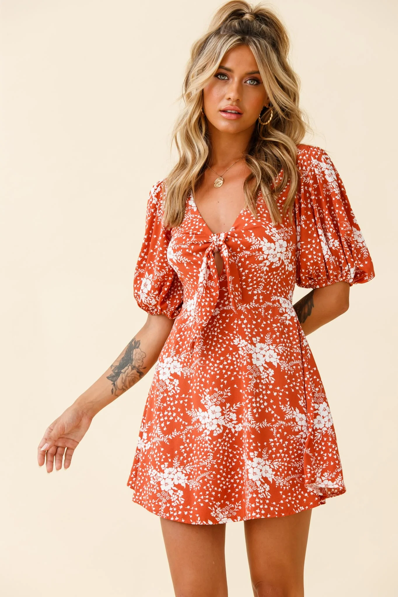 Portia Tied Bust Puff Sleeve Dress Flower Pattern Rust - Image 5