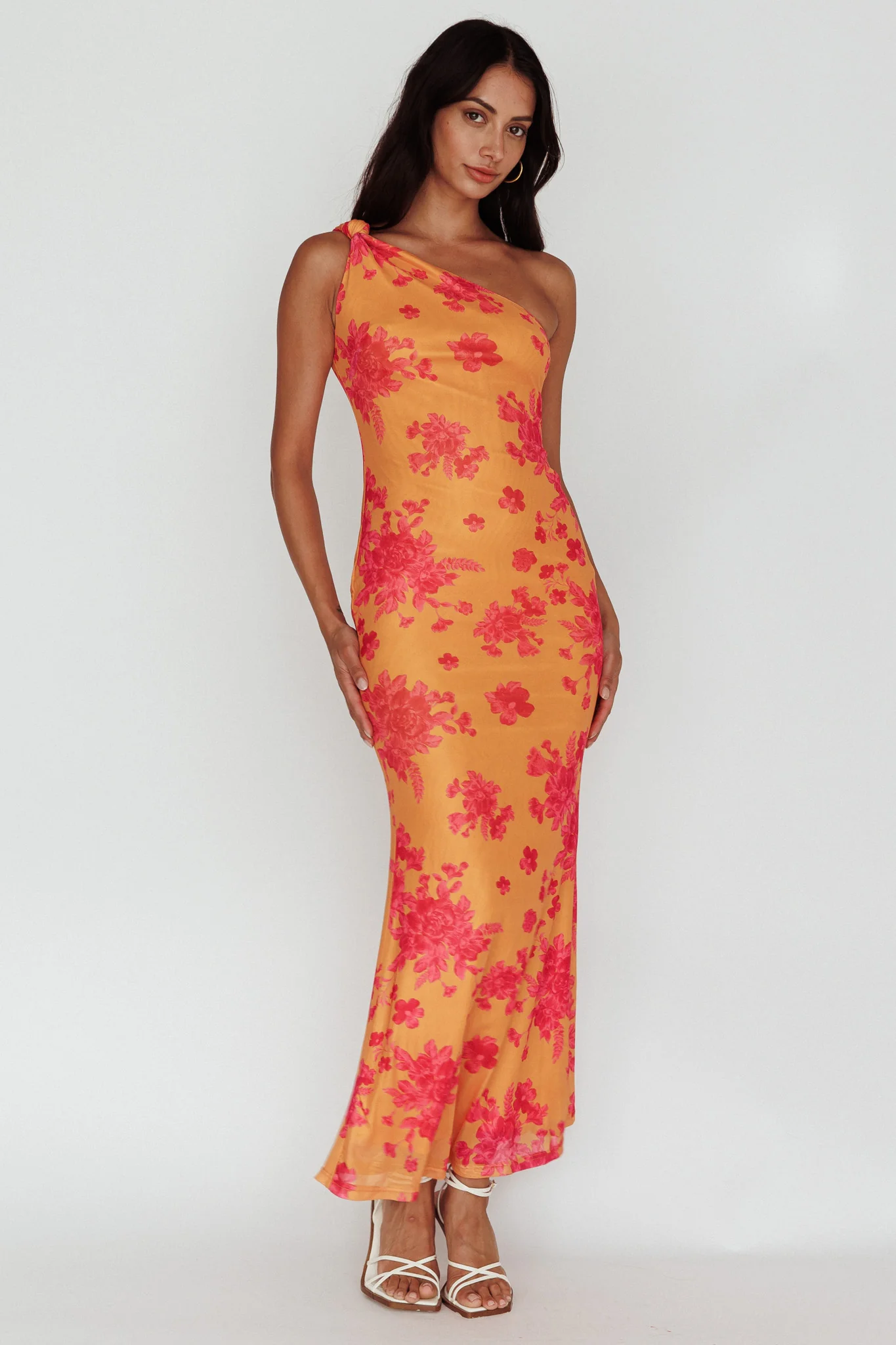 Portland One-Shoulder Jersey Maxi Dress Floral Orange - Image 5