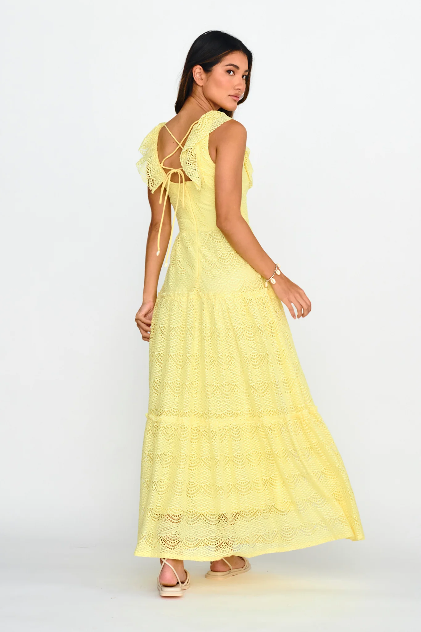 Portofino Sunset Ruffle Lace Maxi Dress Lemon - Image 2