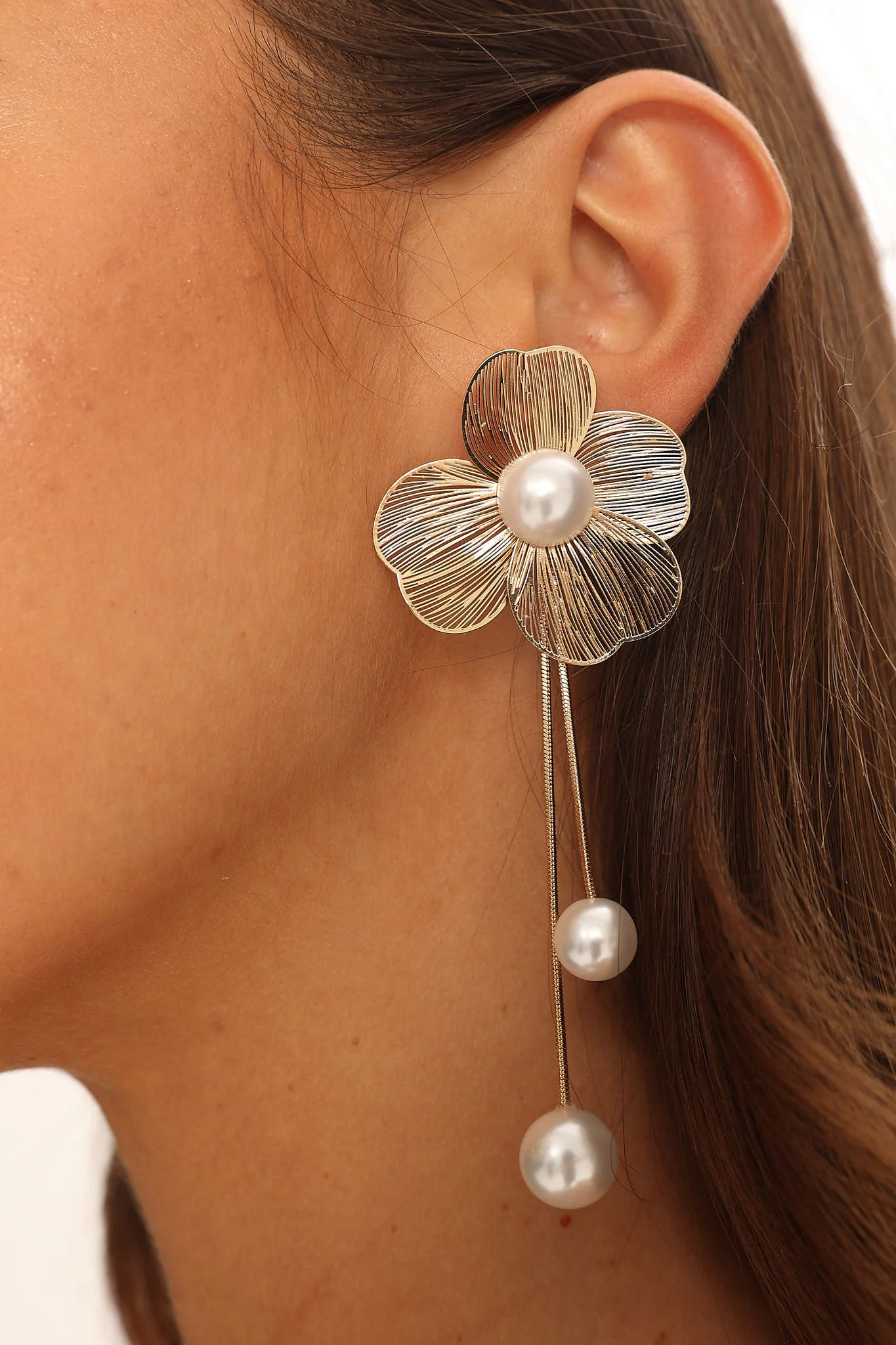 Posey Flower Pearl Drop Earrings Gold - Image 3