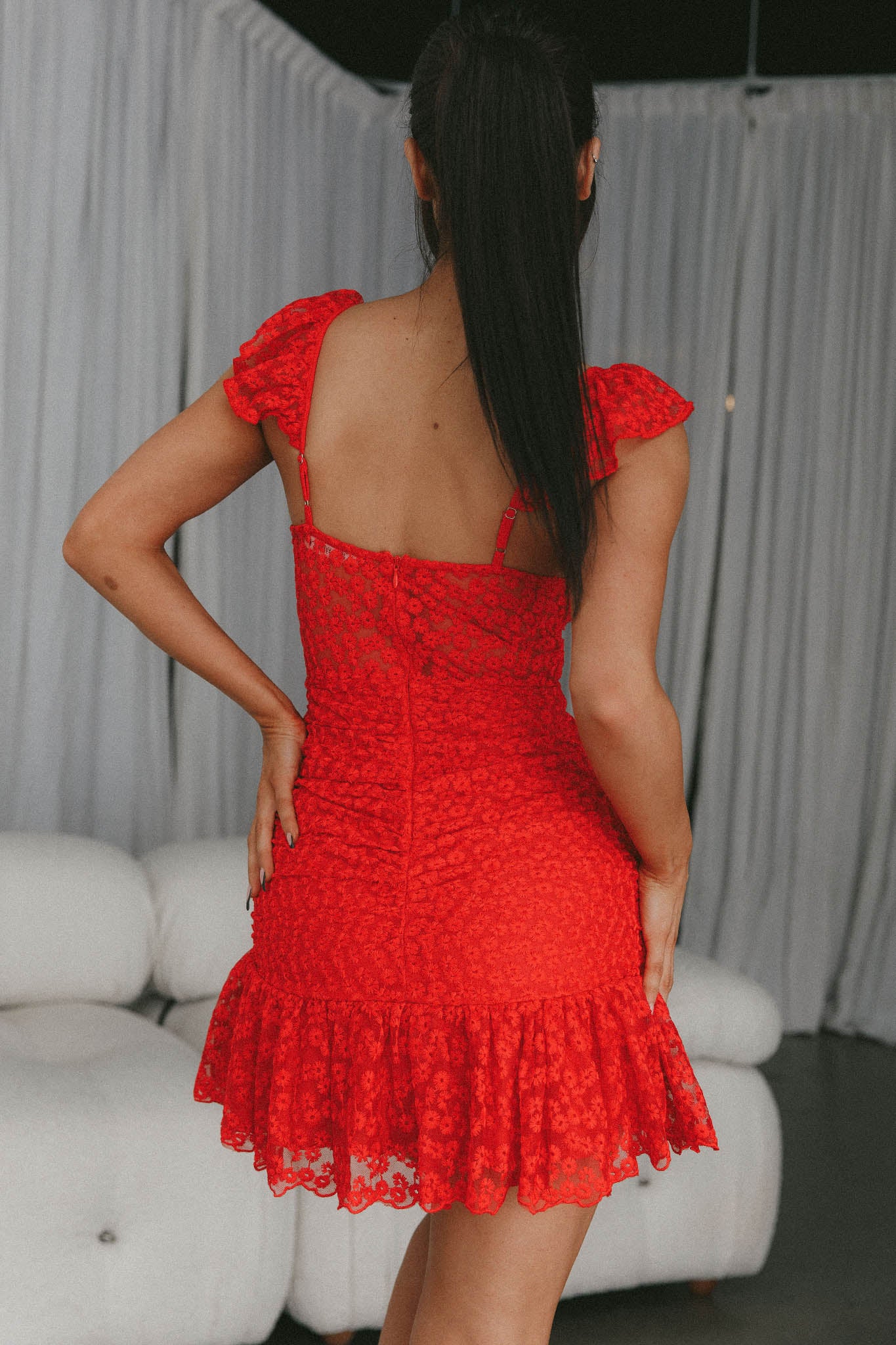 Presley Embroidered Frill Dress Red - Image 2