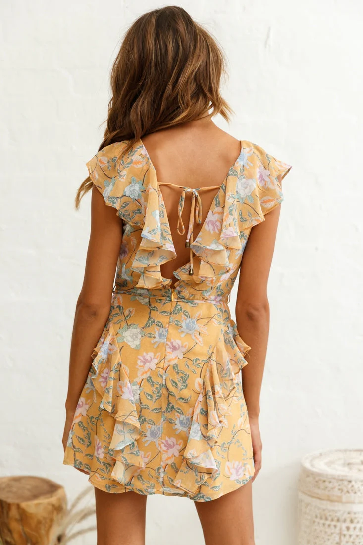 Pretty Please Frill Detail Tie-Back Dress Floral Print Mustard - Image 4