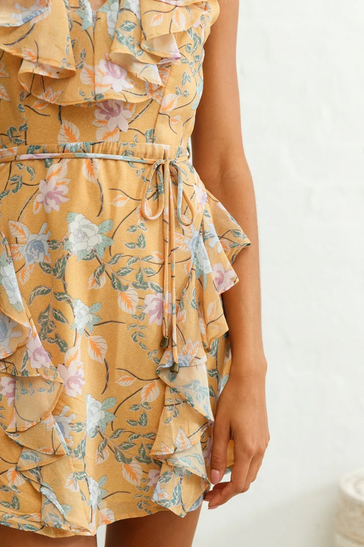 Pretty Please Frill Detail Tie-Back Dress Floral Print Mustard - Image 5