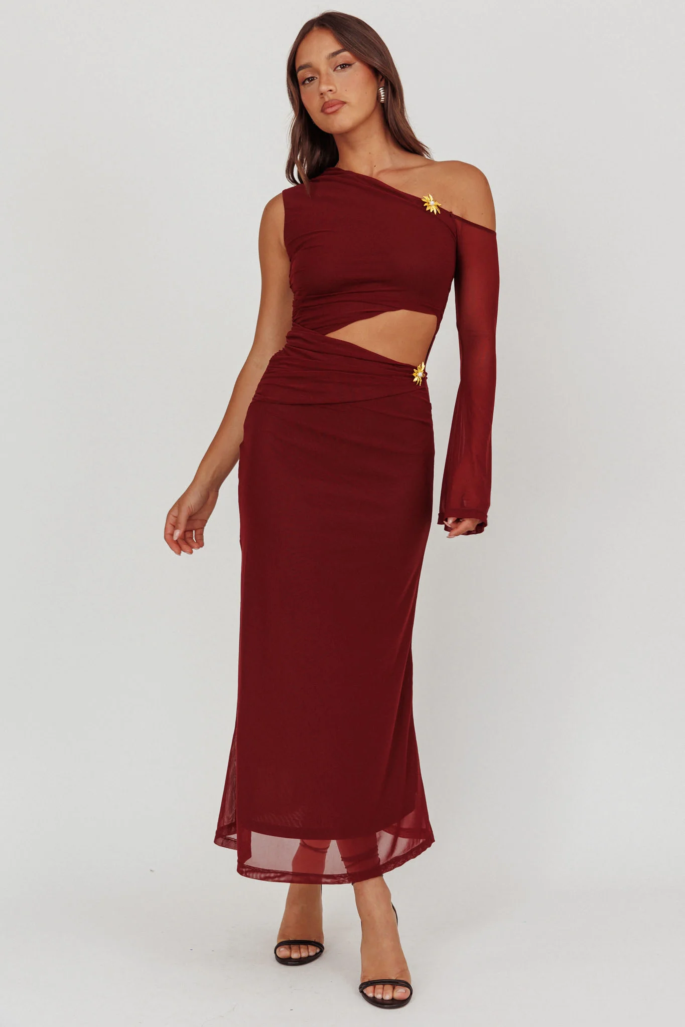 Prima One Shoulder Cut-Out Maxi Dress Wine - Image 4