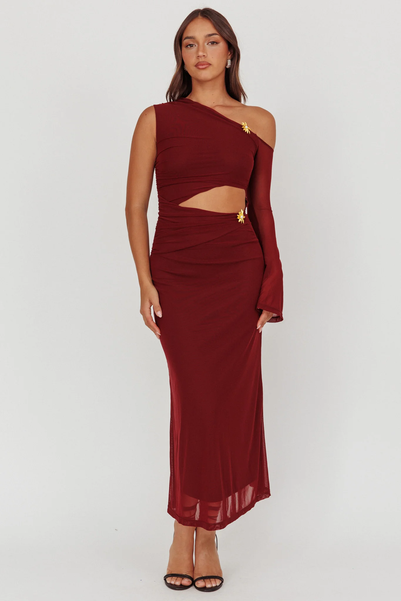 Prima One Shoulder Cut-Out Maxi Dress Wine - Image 5