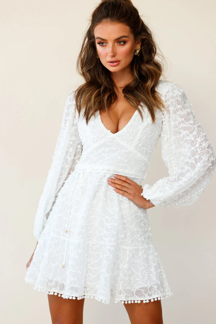 Primrose Long Balloon Sleeve Embroidery Overlay Dress White - Image 4