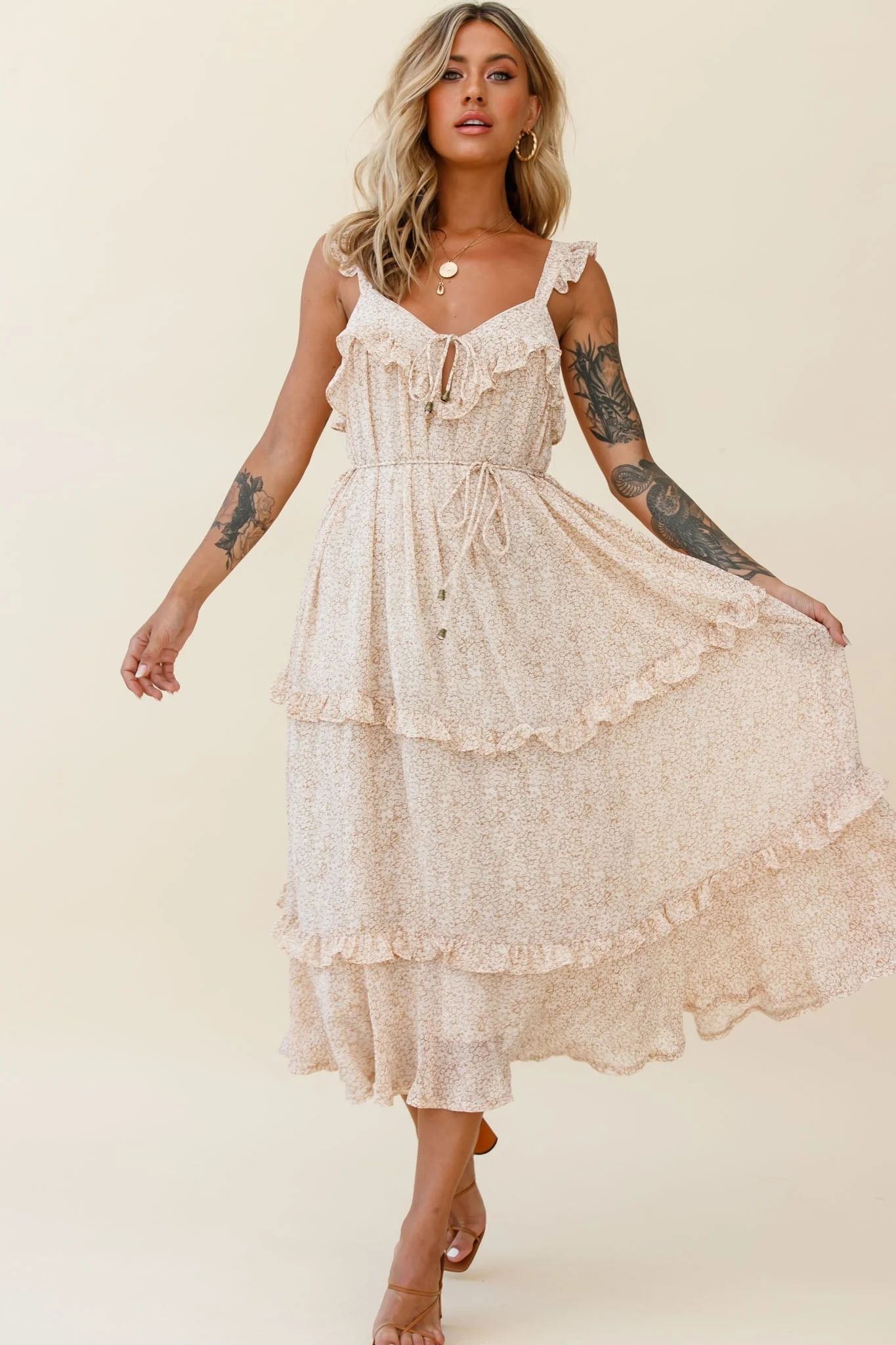 Priscilla Frill Detail Maxi Dress Floral Print Beige - Image 7